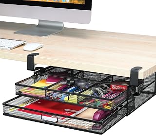 Homeify Under Desk Drawer Organizer Clamp-On, Mesh Metal Drawer Attachment, 2 Drawer Slide Out, On Or Under Desk Organizer For Office Supplies & Home Essentials (2 Drawers)