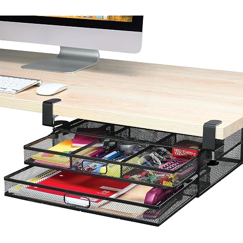 Homeify Under Desk Drawer Organizer Clamp-On, Mesh Metal Drawer Attachment, 2 Drawer Slide Out, On Or Under Desk Organizer For Office Supplies & Home Essentials (2 Drawers)