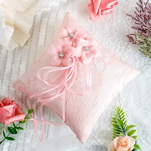 Miniatura 2 de Almohada de anillo rosa con encaje para portador de anillos de 5.9 x 5.9 pulgadas, hecha a mano con diamantes de imitación de flores, almohada para