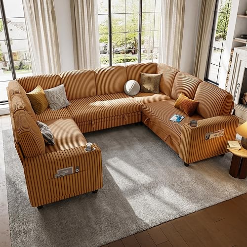 LINSY HOME Sectional Sleeper Sofa with Pull Out Couch Bed - Convertible Plush Corduroy Cloud Couch with Storage Chaise & USB Charging, Comfy Modular Couches for Living Room, Brown
