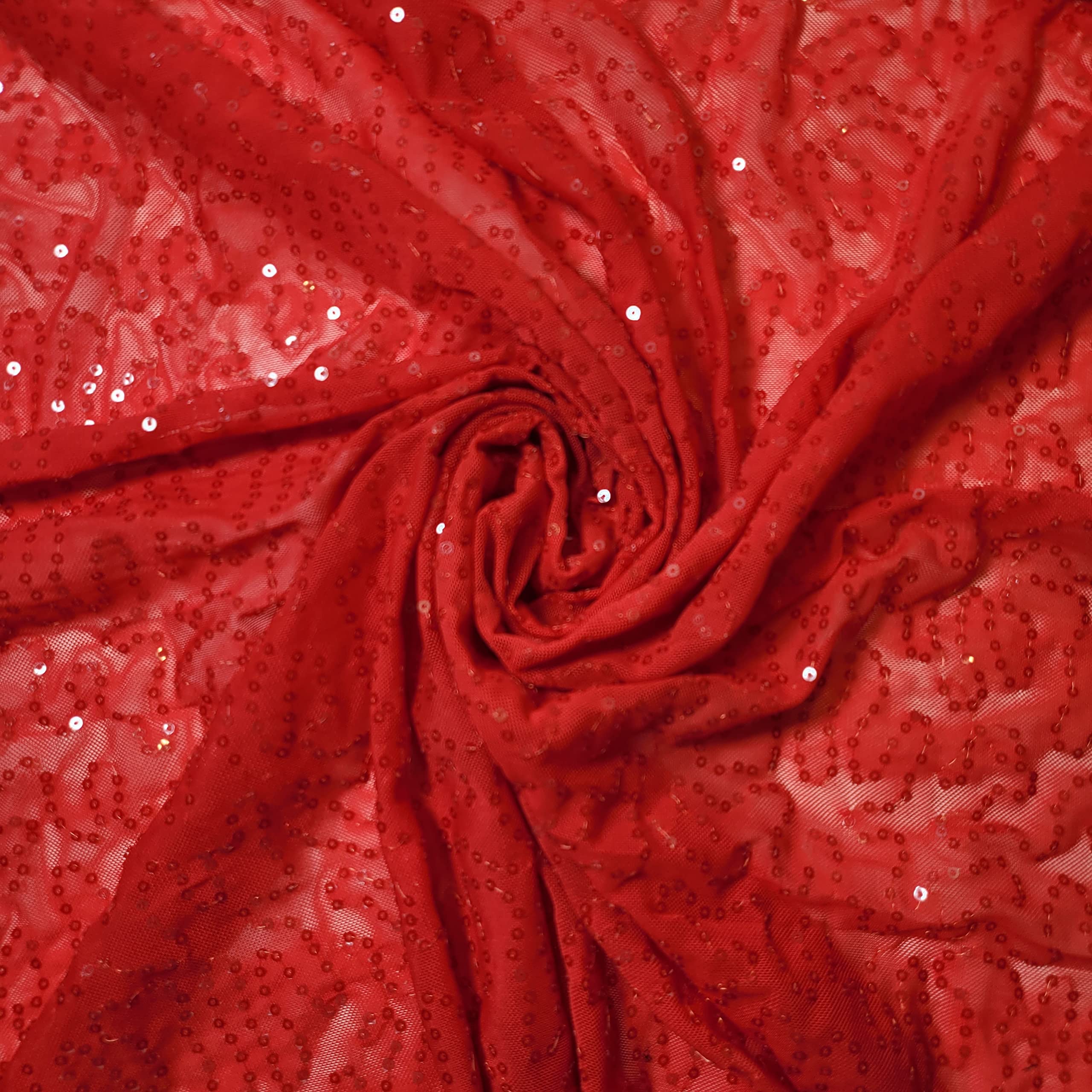 LP Power Net Fabric Premium Sheer 4 Way Stretch Mesh Lining Dressmaking Material 58-150cm (5 Meter, Red Sequin) โ image 1