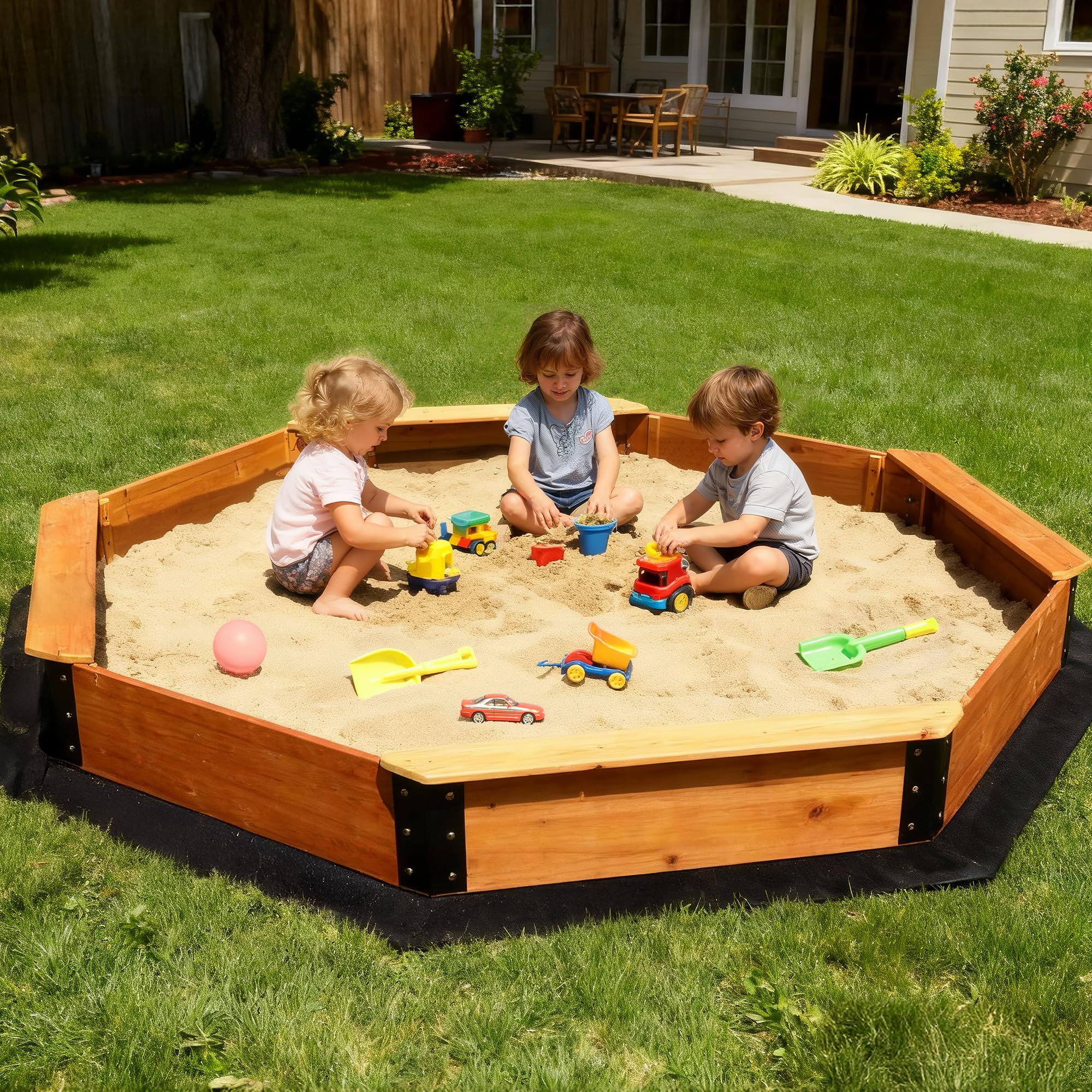 FUNTOK 85''x85''x9'' Octagon Sandbox for Kids, Large Natural Wooden Sandpit with 4 Benches, Bottom Liner, PVC Cover, 198 Lbs Weight Capacity, Sand Box