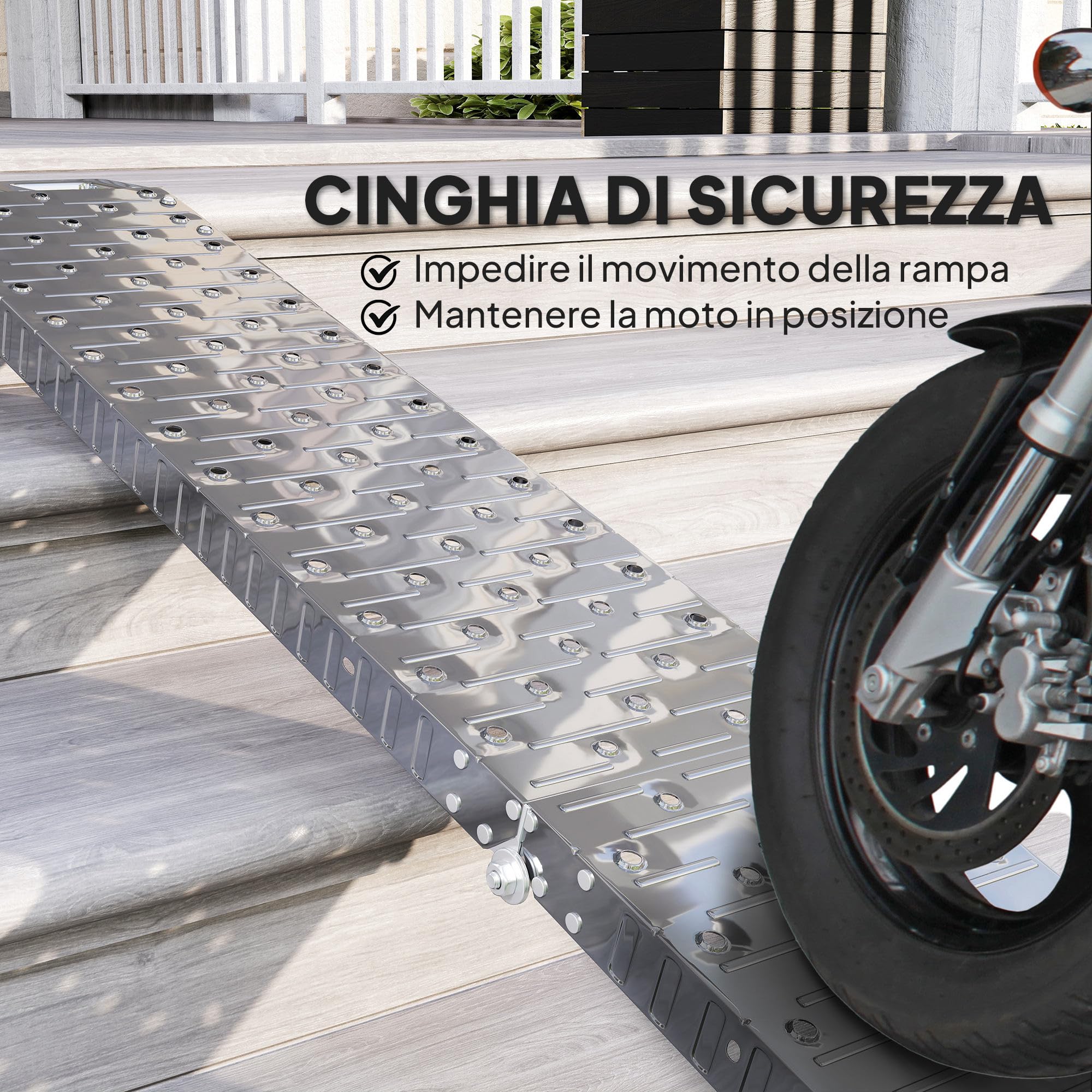 HOMCOM Rampa di Carico Pieghevole in Acciaio con Carico Massimo 230 kg, Rampa per Moto Antiscivolo Salvaspazio per Ruote Larghe 22 cm, per Motociclette e Bici, 190x22x8 cm, Argento