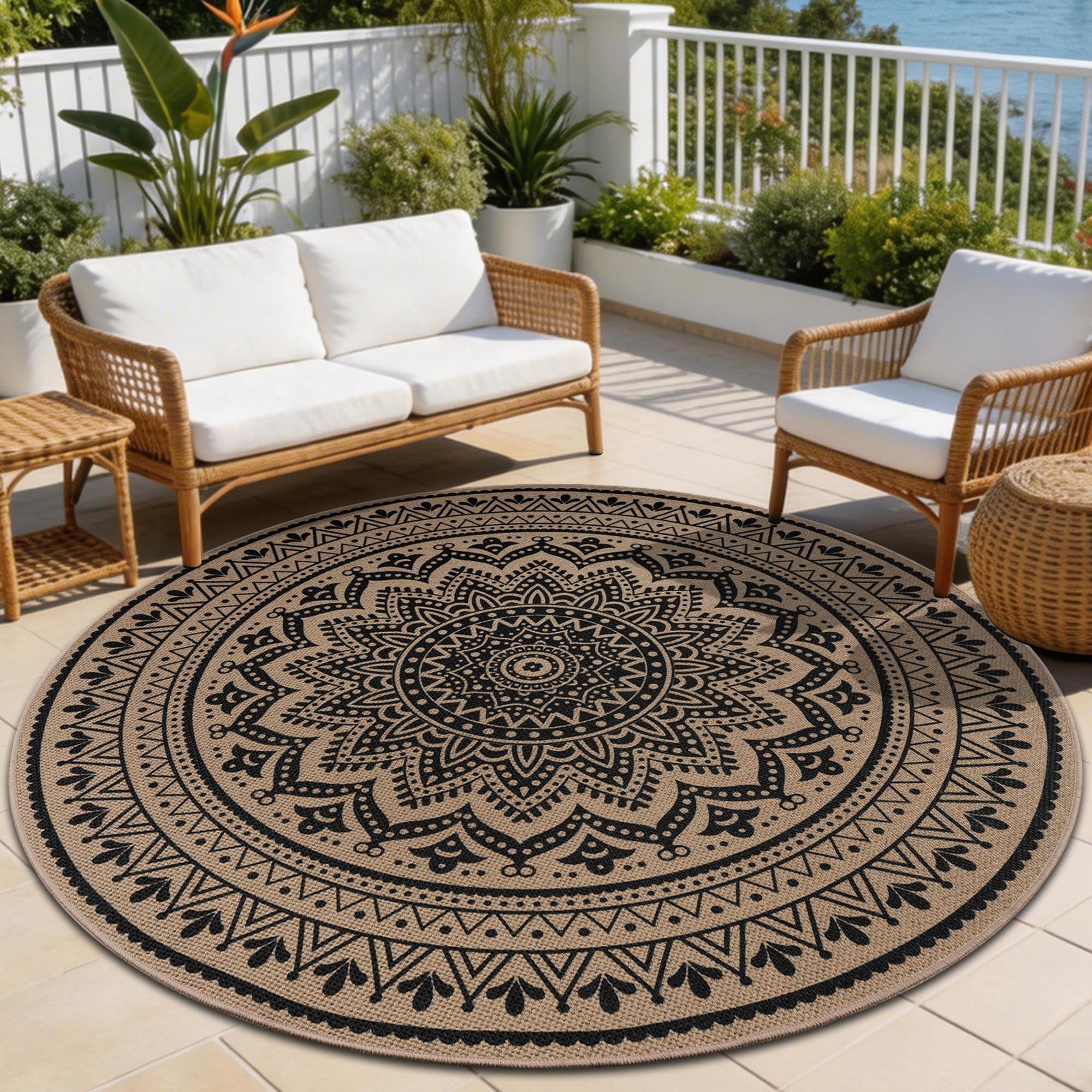 Homcomodar Tapis rond 120 cm, aspect jute, tapis de salon, extérieur, lavable, style bohème, marron, pour chambre, balcon, terrasse