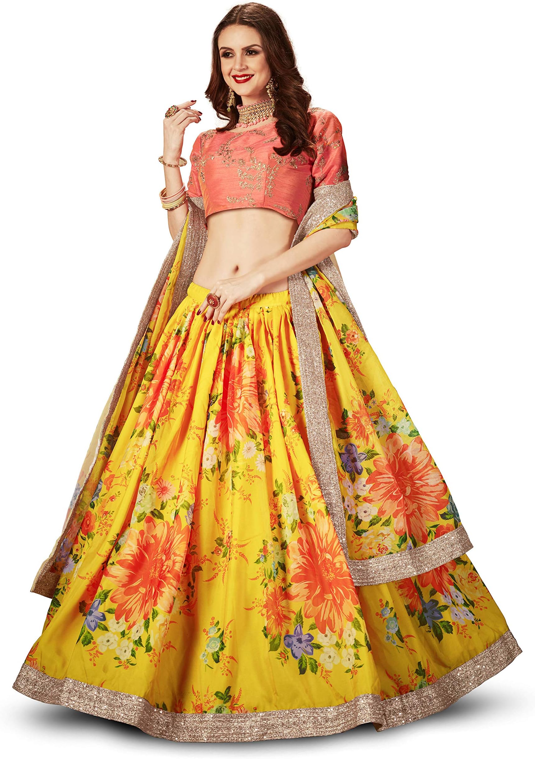 Zeel ClothingWomen's Floral Organza Semi Stitched Lehenga Choli with Dupatta (7026-Floral-Wedding-Latest-Lehenga_Free)