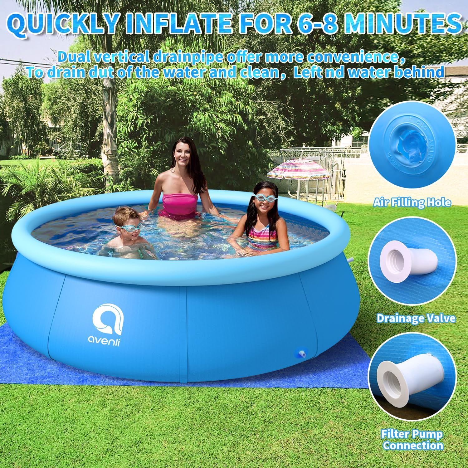 Inflatable Swimming Pool, Blow up Pool, Round Inflatable Pools Adult, Swimming Pool Above Ground 8ft x 25in, Top Ring Summer Water Party Pools, Outdoor Pool for Backyard Family