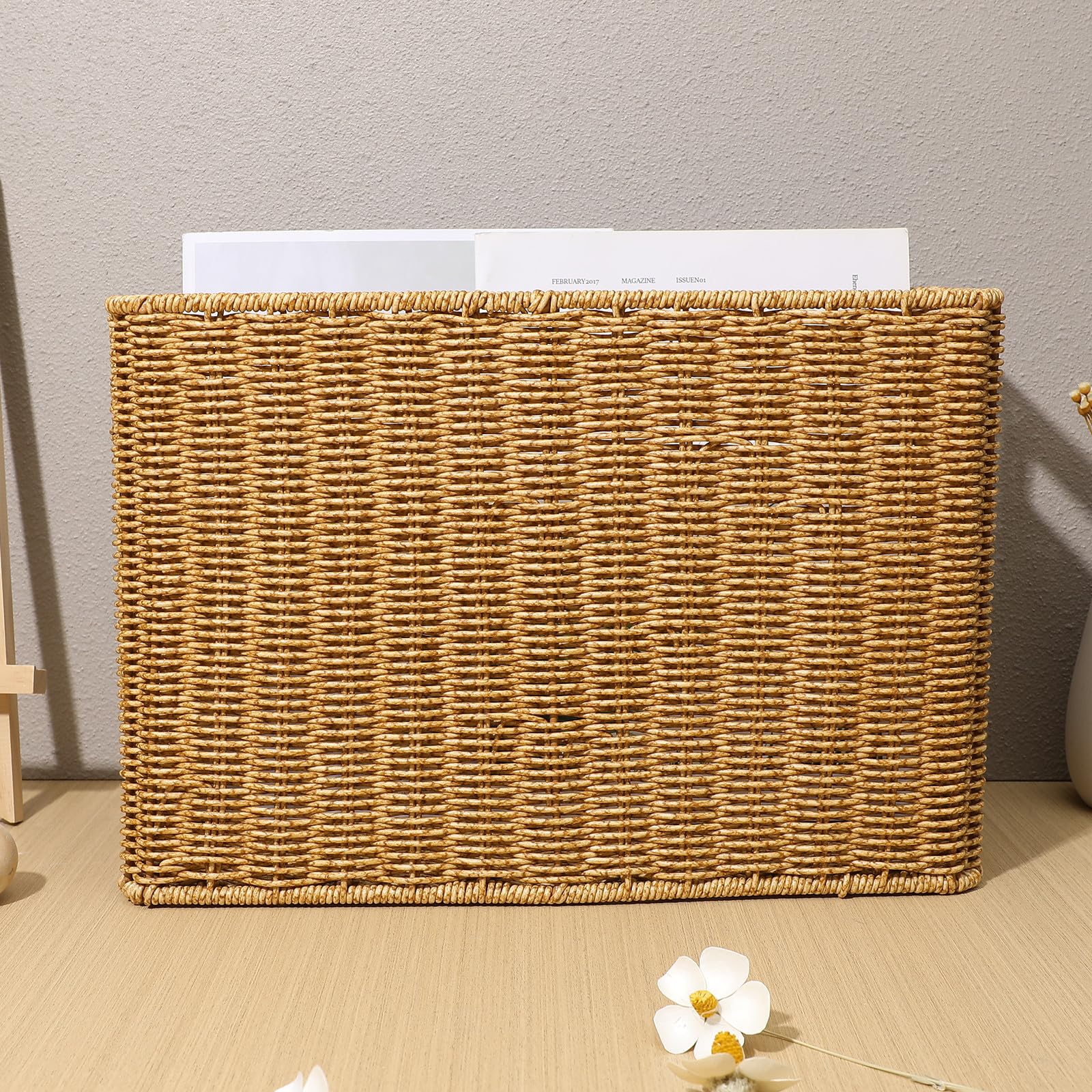 Cesta de Almacenamiento Tejida de Ratán Sintético 32x24x20 Cm Color Café Claro Asas Huecas, Organizador Multifuncional para Escritorio, Cosméticos y Snacks Hogar