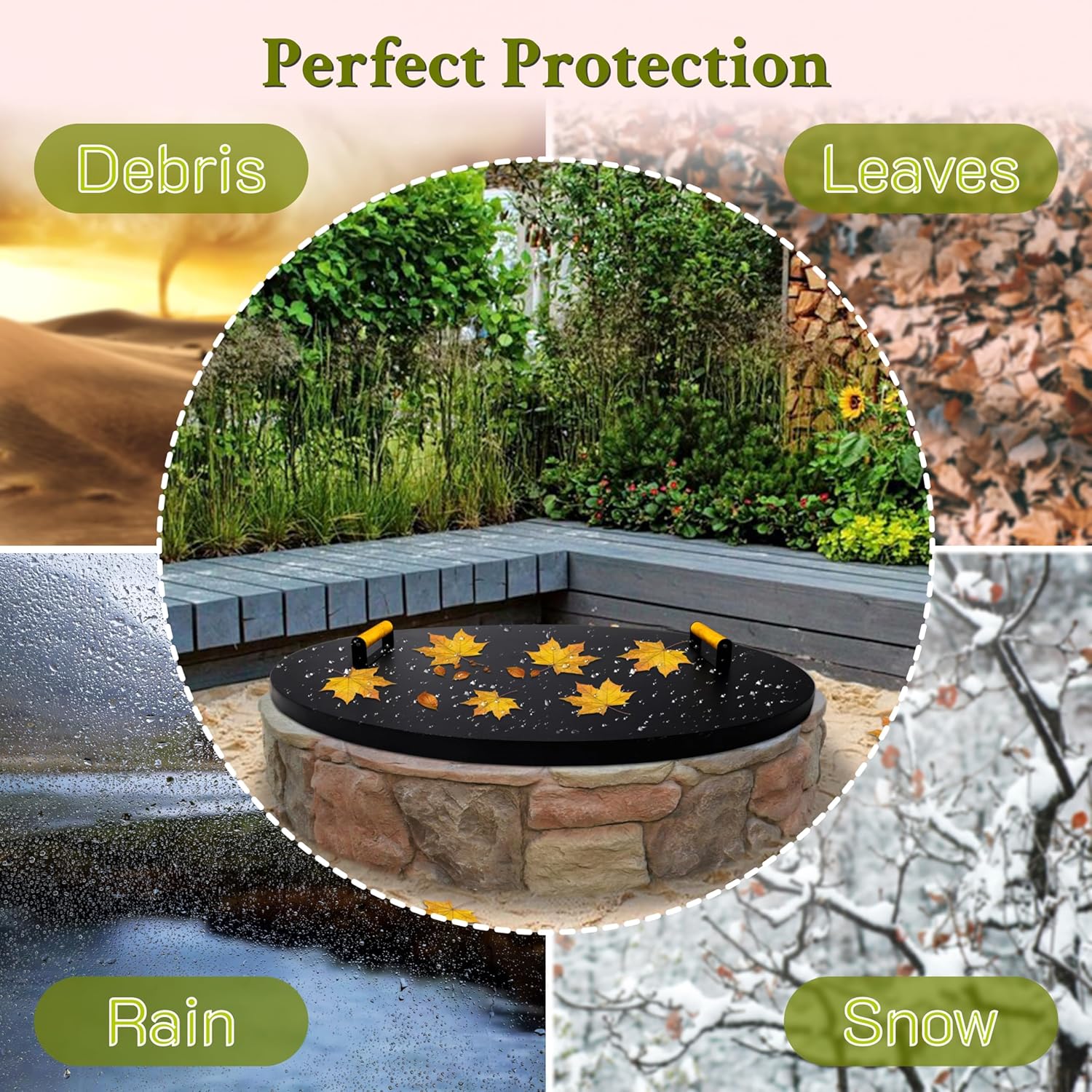 Febtech 38 Inch Firepit Lid - 16 Gauge Rust Resistant Powder Coated Carbon Steel Fire Pit Cover Round with 2 Ergonomic Wooden Handles - Compatible for Fire Pit Inside Dia Up to 36"