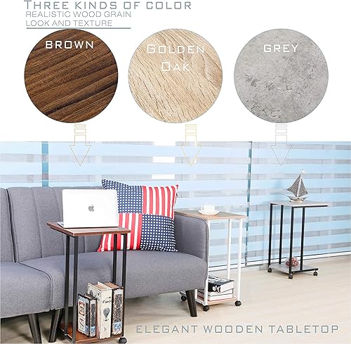 Miniatura 7 de JJS Mesa lateral C para sofá, sala de estar, mesa de aperitivos que se desliza debajo para espacios pequeños, roble/blanco blanco (Oak/White),Marrón