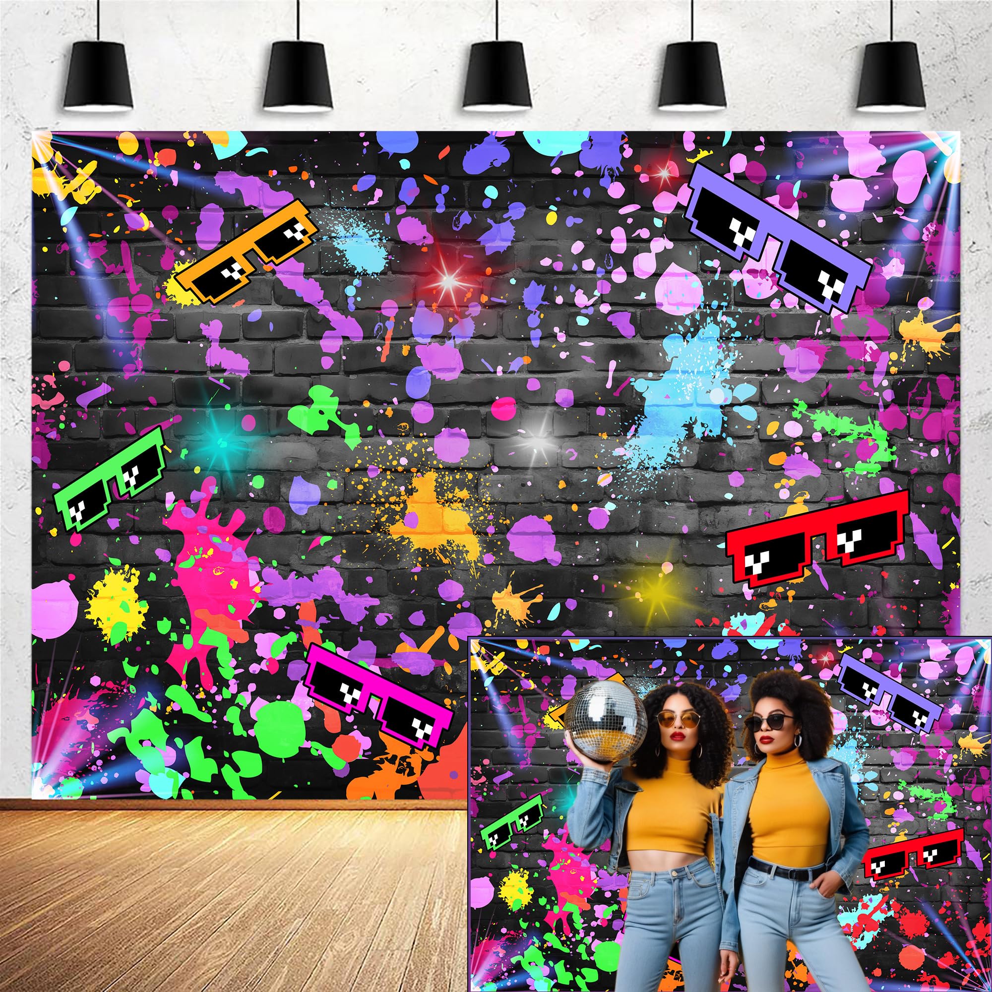 10x8ft Neon Backdrop Glow in The Dark Birthday Paint Splash Graffiti Style Paint Photography Background Glowing Splatter Disco Retro 80's 90's