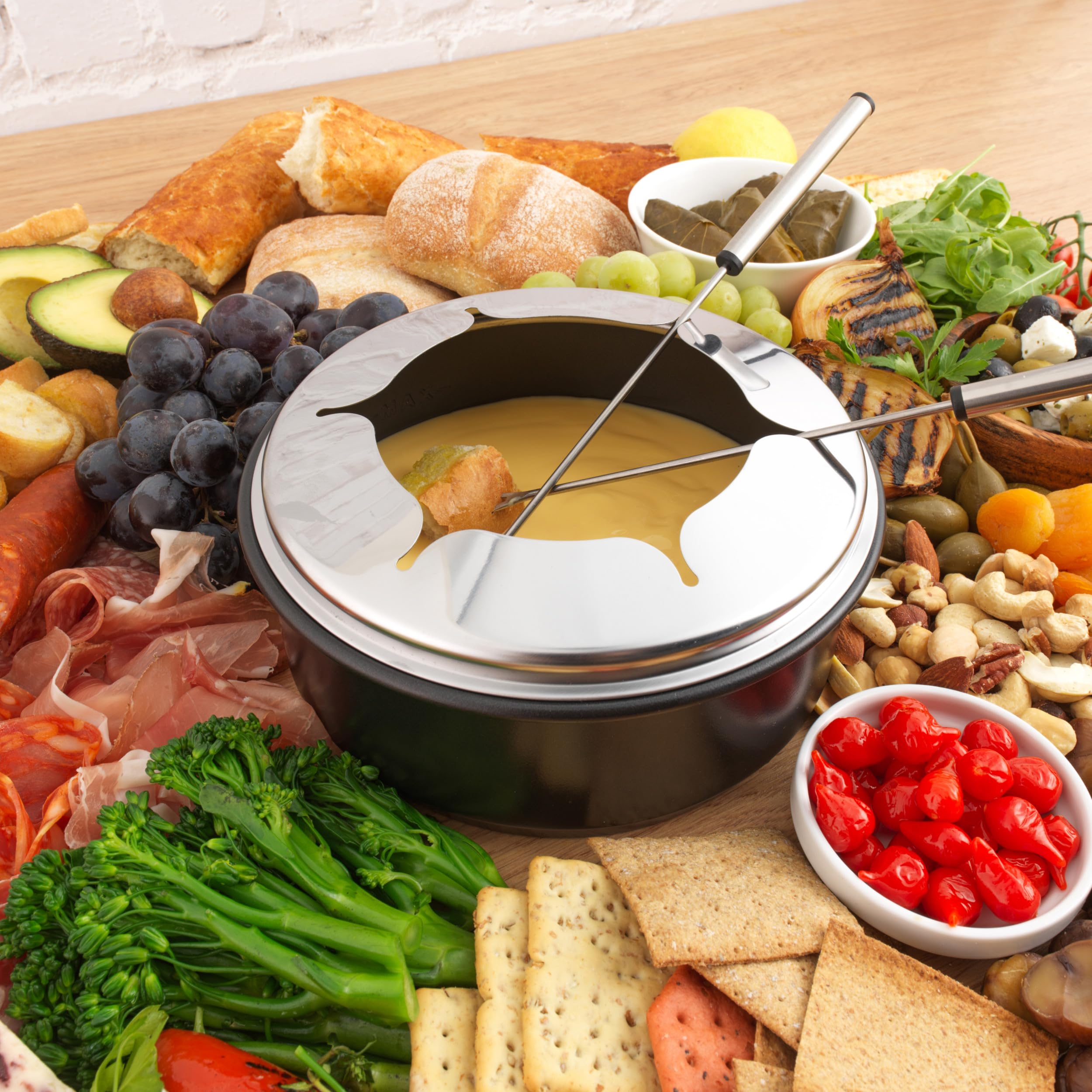 Petra PT4513VDE Grill Raclette - 6 Persone 2 in 1 Piastra Raclette e Foduta Formaggio, padelle per griglia antiaderenti, termostato regolabile, 6 forchette, 8 spatole in legno, Pentola da 1,3L, 1400W