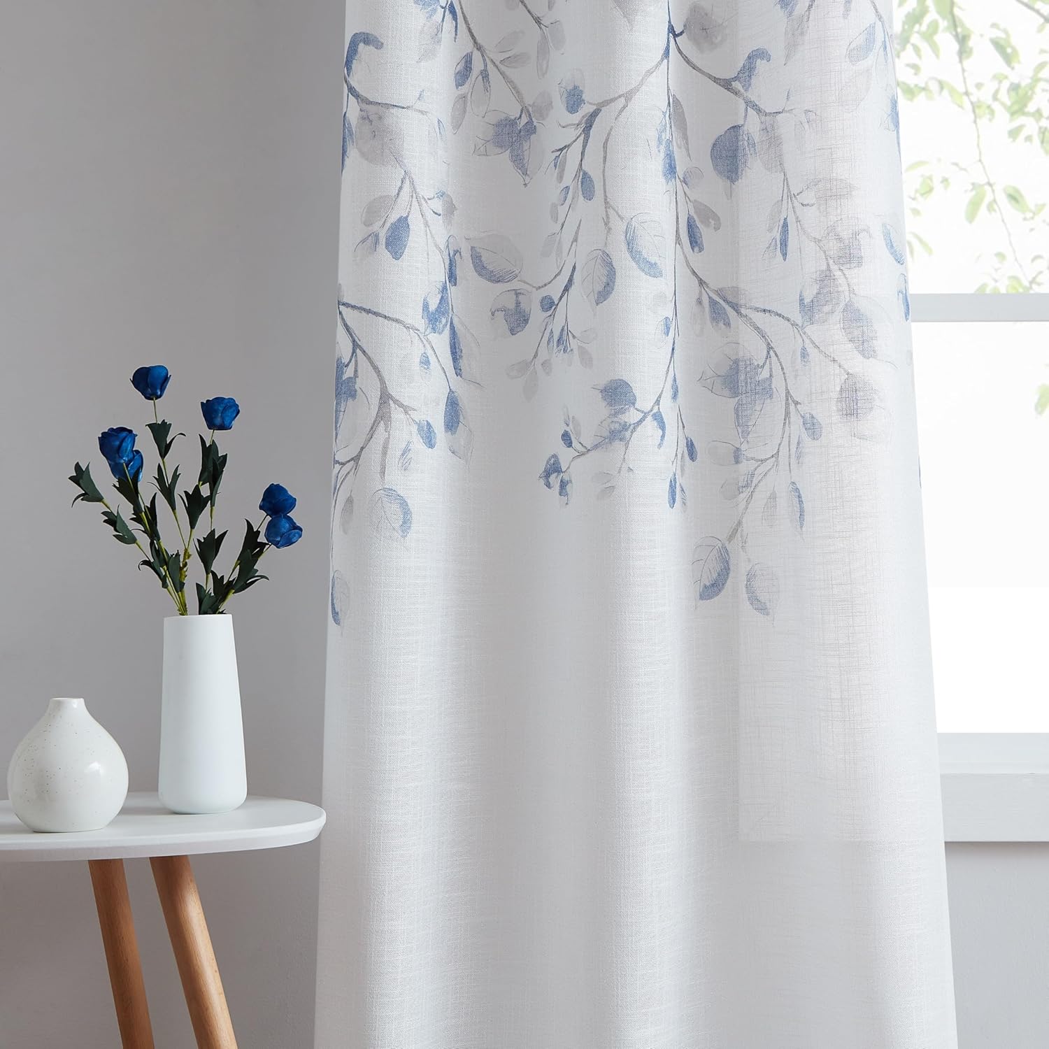 Central Park Leaf Floral Print Metallic Sheer Linen Window Curtain Panel for Rustic Living Room/Bedroom Sparkling Decorative 6 Grommets Top Drape Panels Farmhouse Curtains, Navy Blue,40" x 95"x2, 2 PK 40"W x 95"L (Pack of 2) Navy Blue