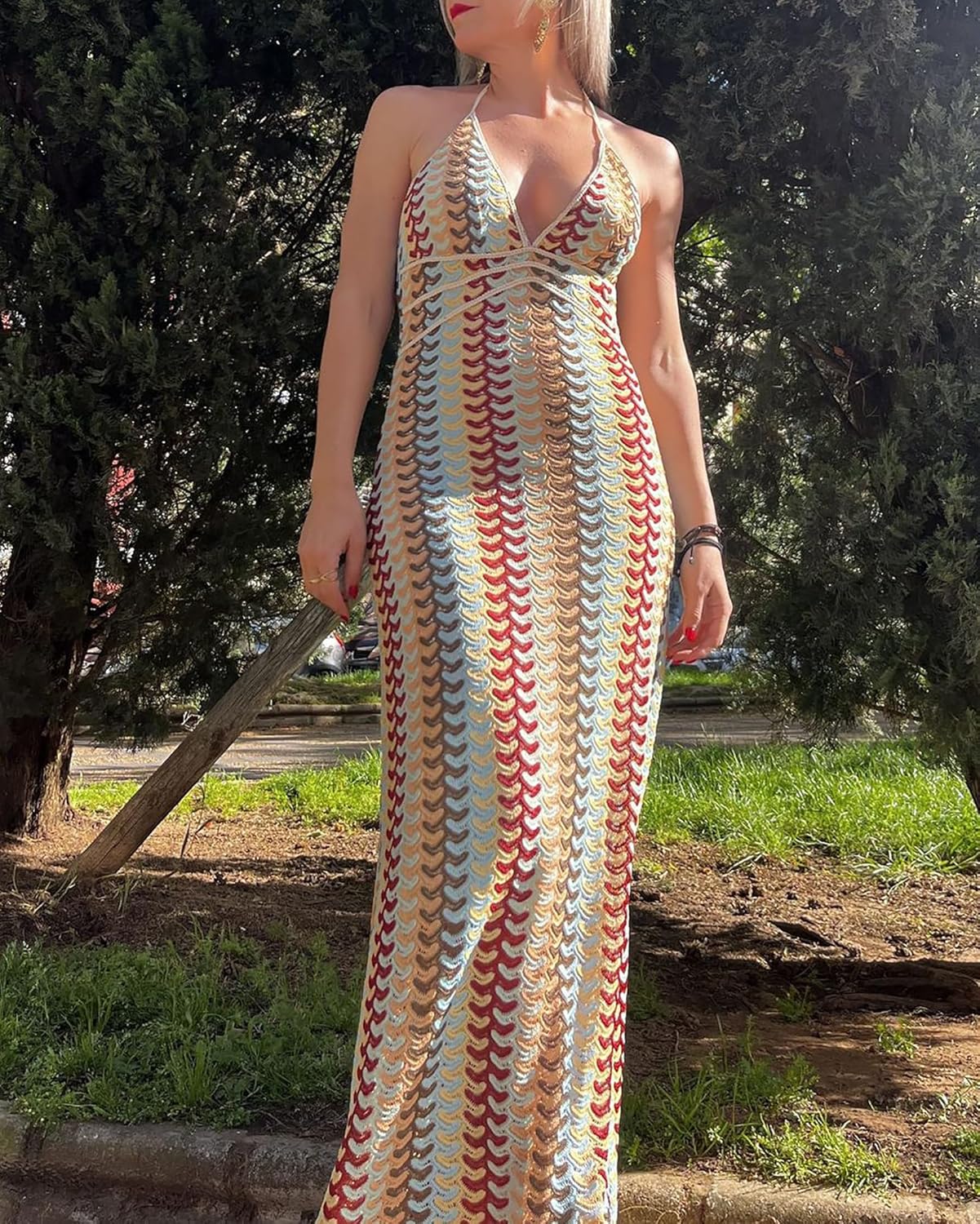 BAIMORE Women's Beach Dress Deep V Neck Backless Striped Bodycon Halter Knit Maxi Dress - Image 3