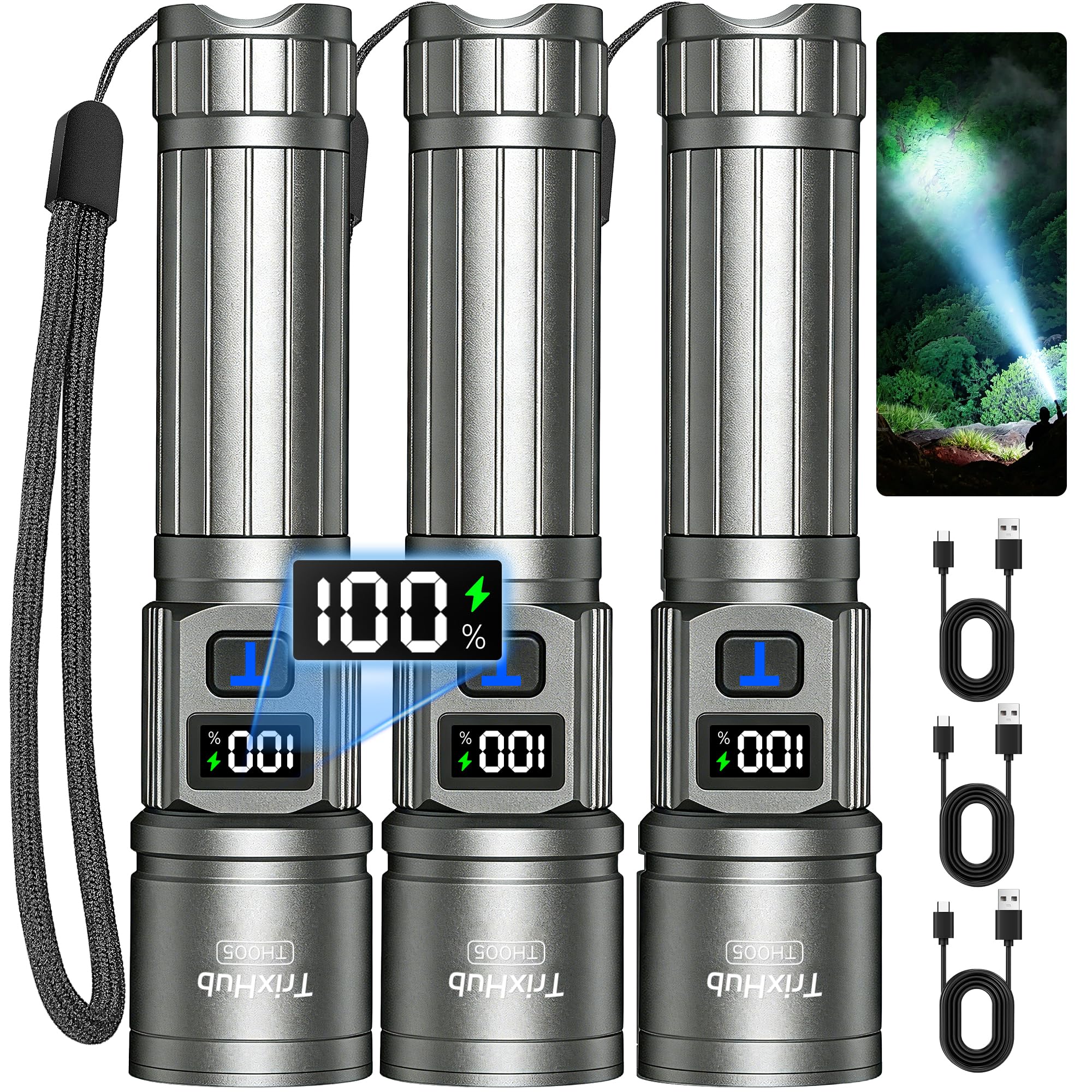 TrixHub Rechargeable Flashlight Super Bright Flashlight 3 Pack (Titanium) | LCD Digital Display, 5 Modes, USB C Charging, Zoomable Linternas, Powerful Handheld Flashlights for Home Emergencies Camping