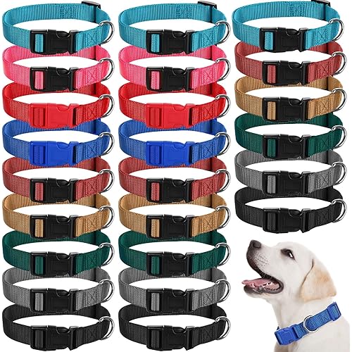 Amylove 27 Pcs Dog Collar Bulk Adjustable Nylon Puppy Collar for Small Medium Large Dogs Multiple Pet with Quick Release Buckle for PET Travel Walk Daily(Medium,Classic Colors)