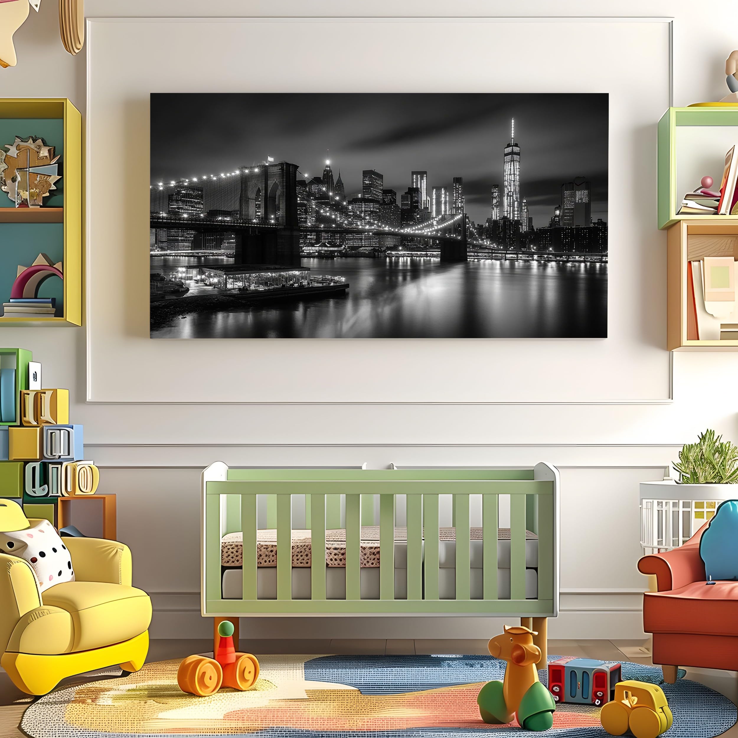ZORYAN Quadro su Tela Paesaggio Urbano Città Senza Cornice 50x100 cm | Pittura Moderna per Salotto e Soggiorno Architettura Edificio Decorazioni da Parete Grandi Dimensioni Notte in Bianco e Nero