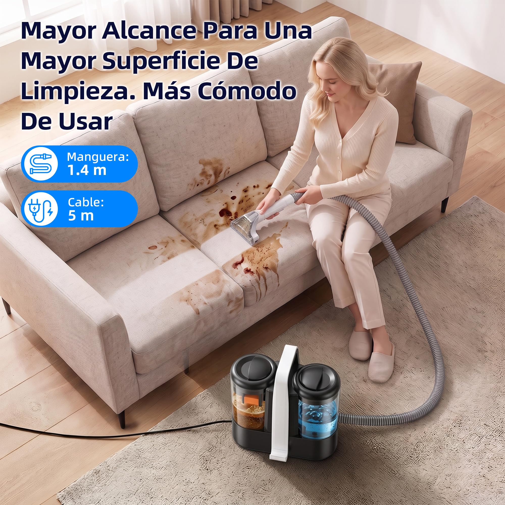 ICARE Limpia Tapicerias 600W - 22kPa Aspiradora de Agua Tapiceria con det. | Limpiador de Alfombras Portátil con Líquido Limpiador - con Autolimpieza, para Sofá, Alfombras, Felpudos, Coche y Mascotas