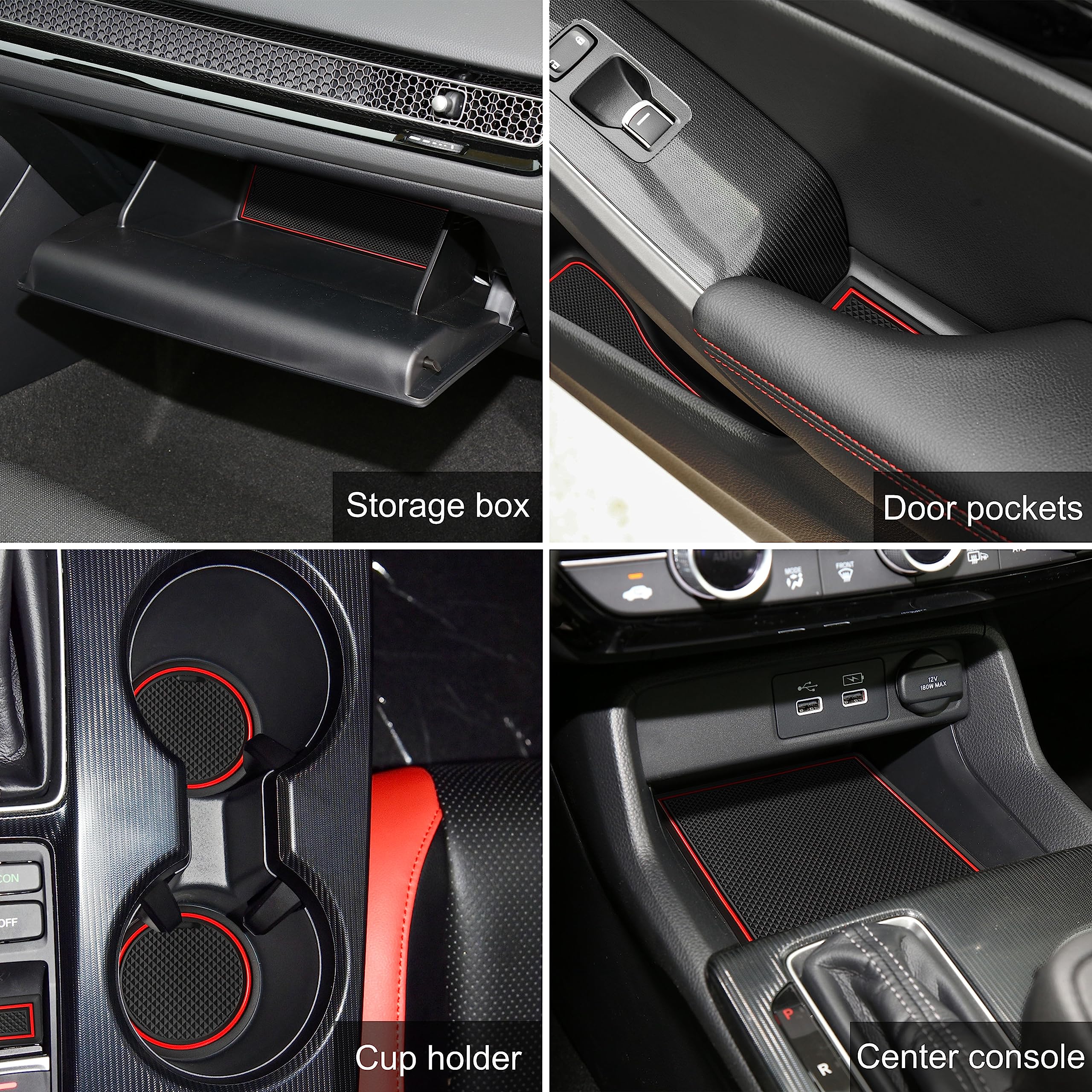 SENSHINE for Honda Civic Accessories 2022 2023 2024 2025 Non-Slip Anti Dust Cup Holder Insert Center Console Shifter Liner Trim Door Packet Mats Premium Custom Interior 17PC Set (Red Trim)