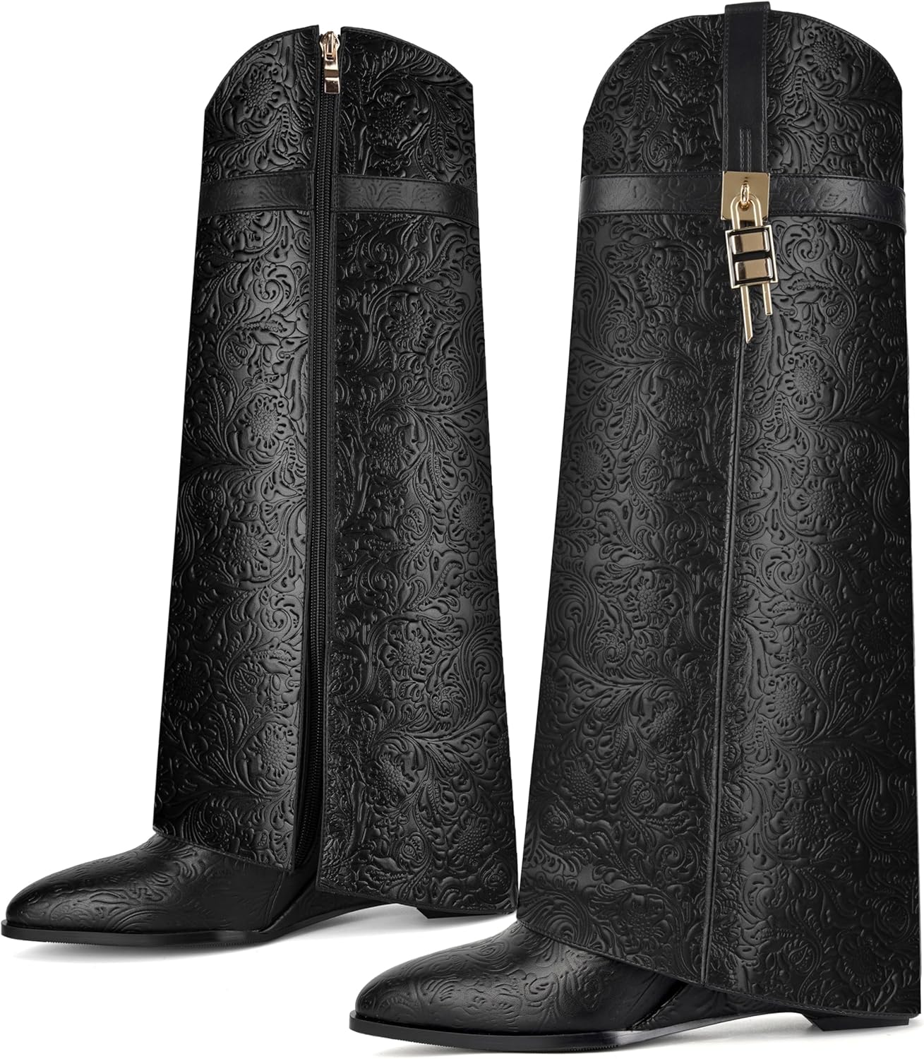 Fold Over Boots for Women Pointy Pull-on Wedge Heel Knee Shark Boot With Side Zipper Padlock Design - Image 3