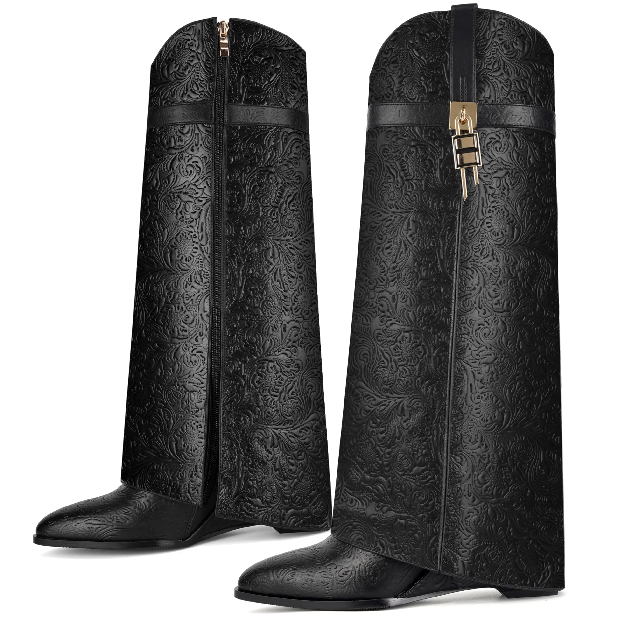 CDHYX Fold Over Boots for Women Pointy Pull-on Wedge Heel Knee Shark Boot With Side Zipper Padlock Design: 7.5 Black-yh
