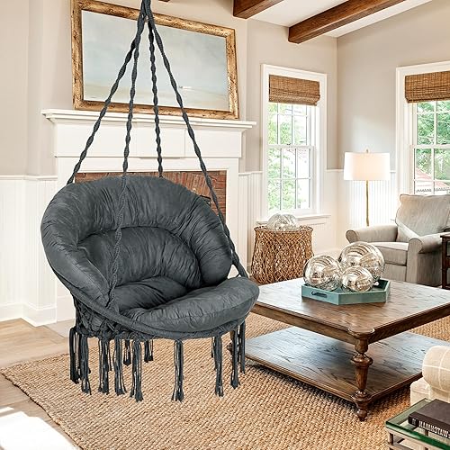 Silla hamaca con cojín, silla columpio de macramé hecha a mano con kits de accesorios para colgar, estilo bohemio, silla colgante de cuerda de