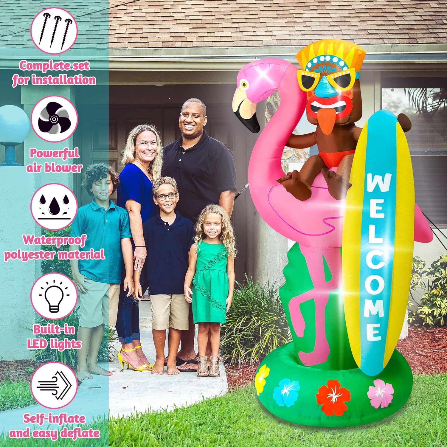 6FT Hawaiian Inflatables, Outdoor Inflatable Tiki Flamingo Decor, Blow Up Luau Hawaiian Beach Decorations, LED Lighted Tiki Outdoor Decoration for Summer Beach Party Tropical Pool Yard