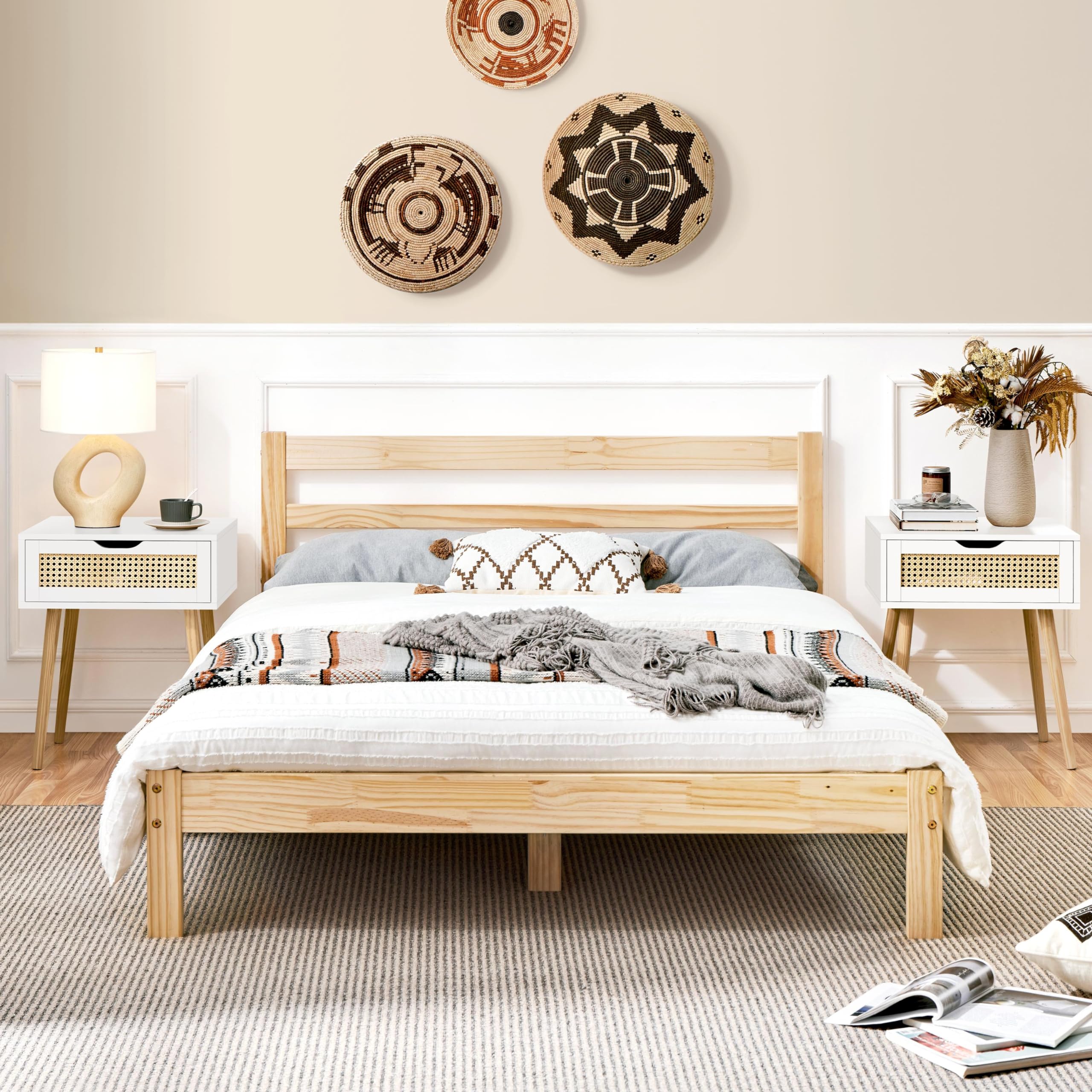 Yaheetech Set 2 Comodini Camera da Letto Comodino con Cassetto in Rattan Gambe in Legno Mobiletto Organizzatore da Letto Tavolini d'Appoggio 48,3 x 40,7 x 57,7 cm Bianco