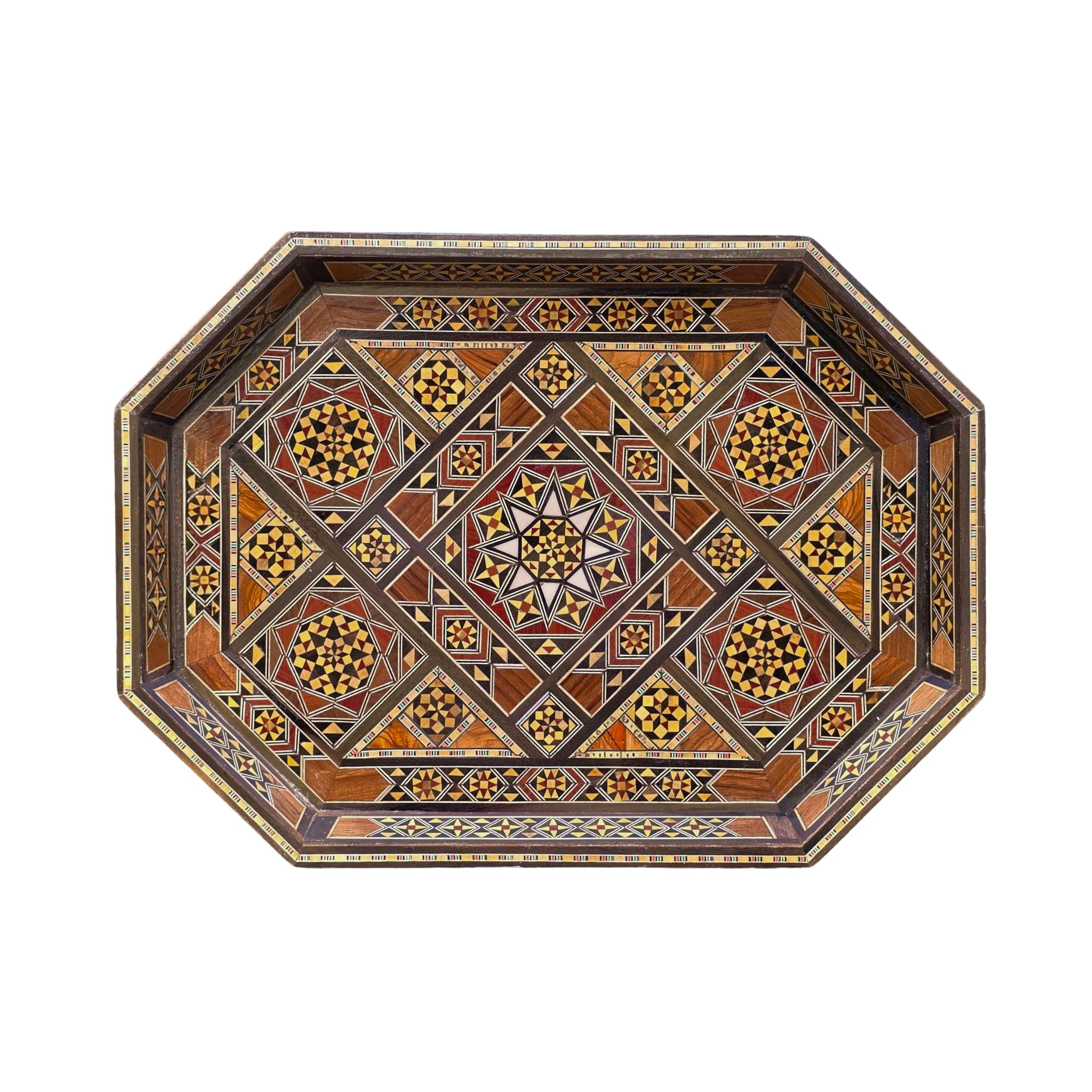 Walnut & Pearl | Handmade Wooden Tray – Handcrafted Geometric Marquetry (Medium Tray)