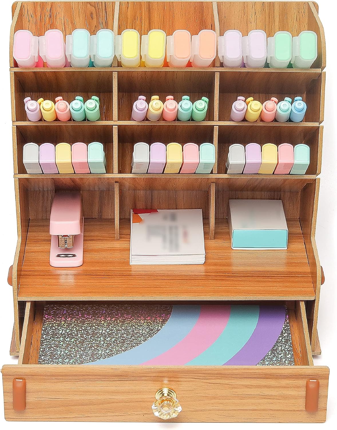 EXERZ Wooden Desk Organiser, Multifunction Desktop Tidy with Drawers. 5 Tiers, Spacious for Stationary Office - Image 3