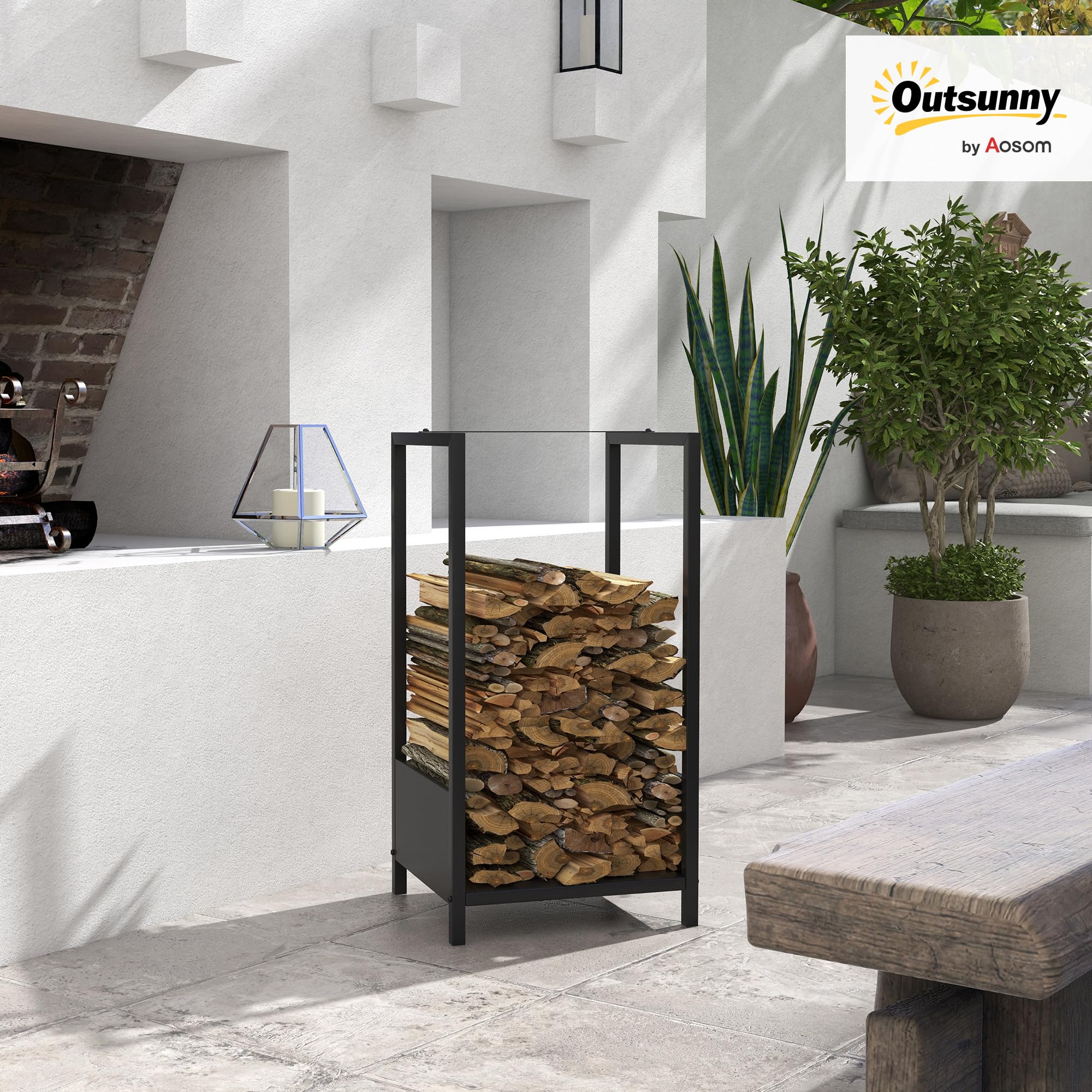 Outsunny Estantería para leña de chimenea, estantería para leña, soporte para leña, soporte para leña, para jardín, balcón, acero, color negro, 39 x 35 x 76 cm