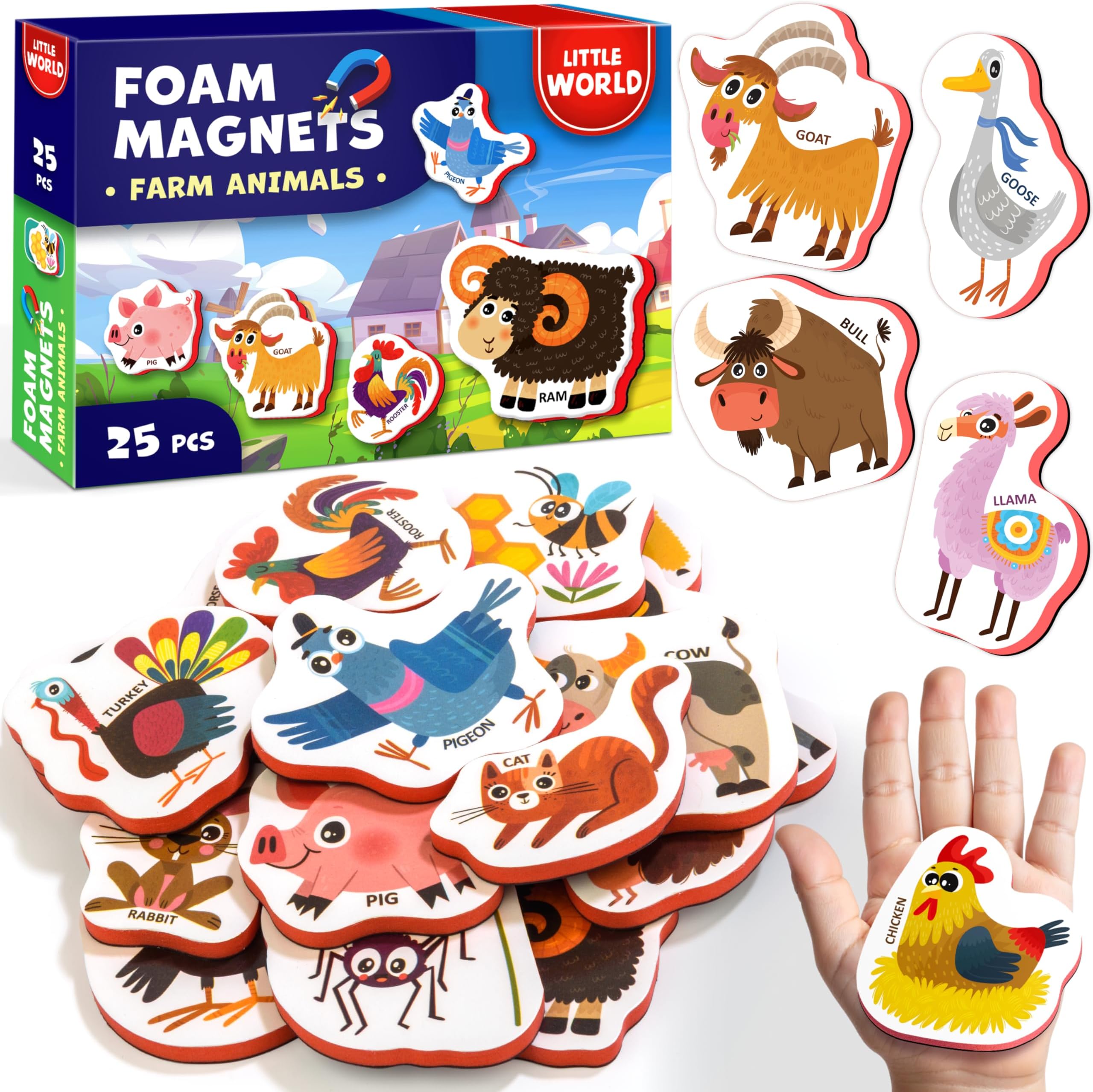 Little World Large Set of Safe and Durable Fridge Magnets for Toddlers 1-3 | Foam Refrigerator Magnets for Kids with Gift Box | Waterproof, Non-Toxic Farm Magnetic Animals for Children and Babies 1+