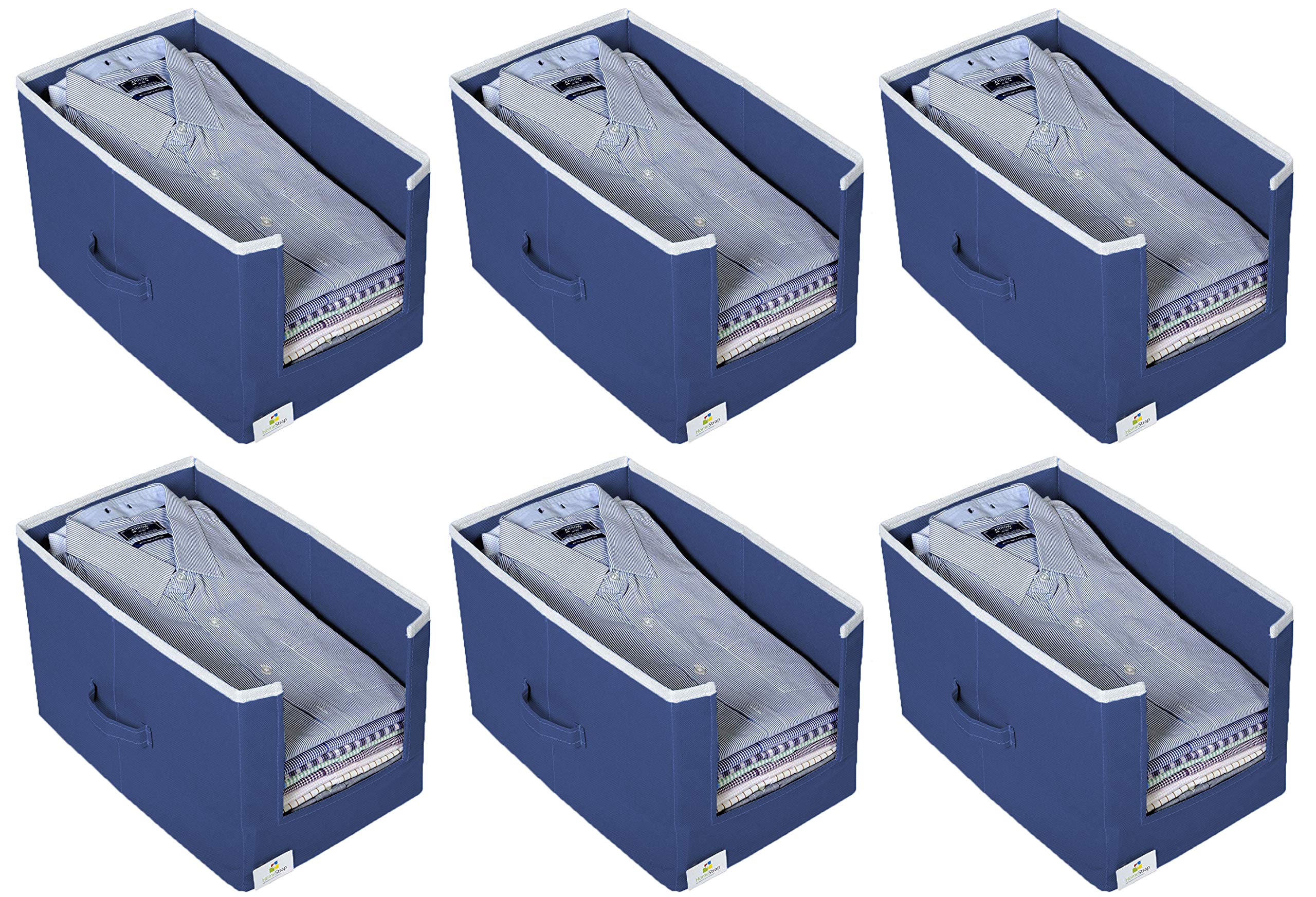 HomeStrap Non Woven Foldable Wooden Shirt Stacker/Cloth Storage Wardrobe/closet Organizer with Handle For T-shirts, Shirts & Clothes (Navy Blue) - Set of 6