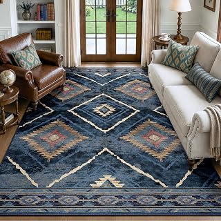 Teppich Wohnzimmer 150x210 cm, Waschbare Teppiche Groß, Dunkelblau | Vintage Wohnzimmerteppich, waschbarer, OEKO, Retro, Rutschfest Kurzflor Weich für Schlafzimmer, Esszimmer, Küche, Büro