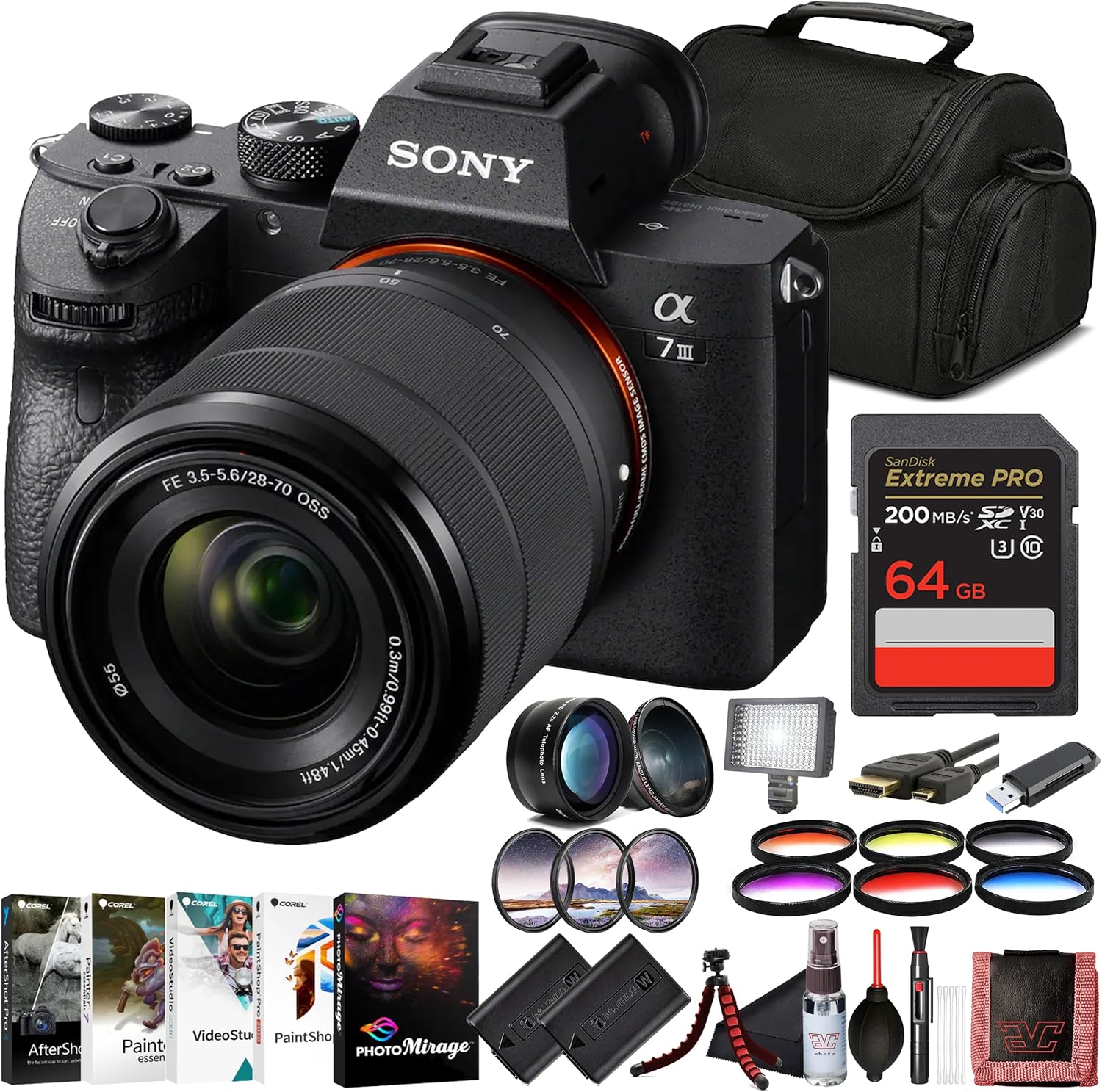Sony α7 III Full-Frame Mirrorless Camera Kit with 28–70 mm OSS Lens (ILCE-7M3K/B) – 24.2 MP Sensor | 4K HDR Video | 64GB Memory Card, 2 x NP-FZ-100 Battery, Case, External Charger and More