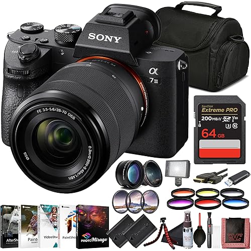 Sony α7 III Full-Frame Mirrorless Camera Kit with 28–70 mm OSS Lens (ILCE-7M3K/B) – 24.2 MP Sensor | 4K HDR Video | 64GB Memory Card, 2 x NP-FZ-100 Battery, Case, External Charger and More