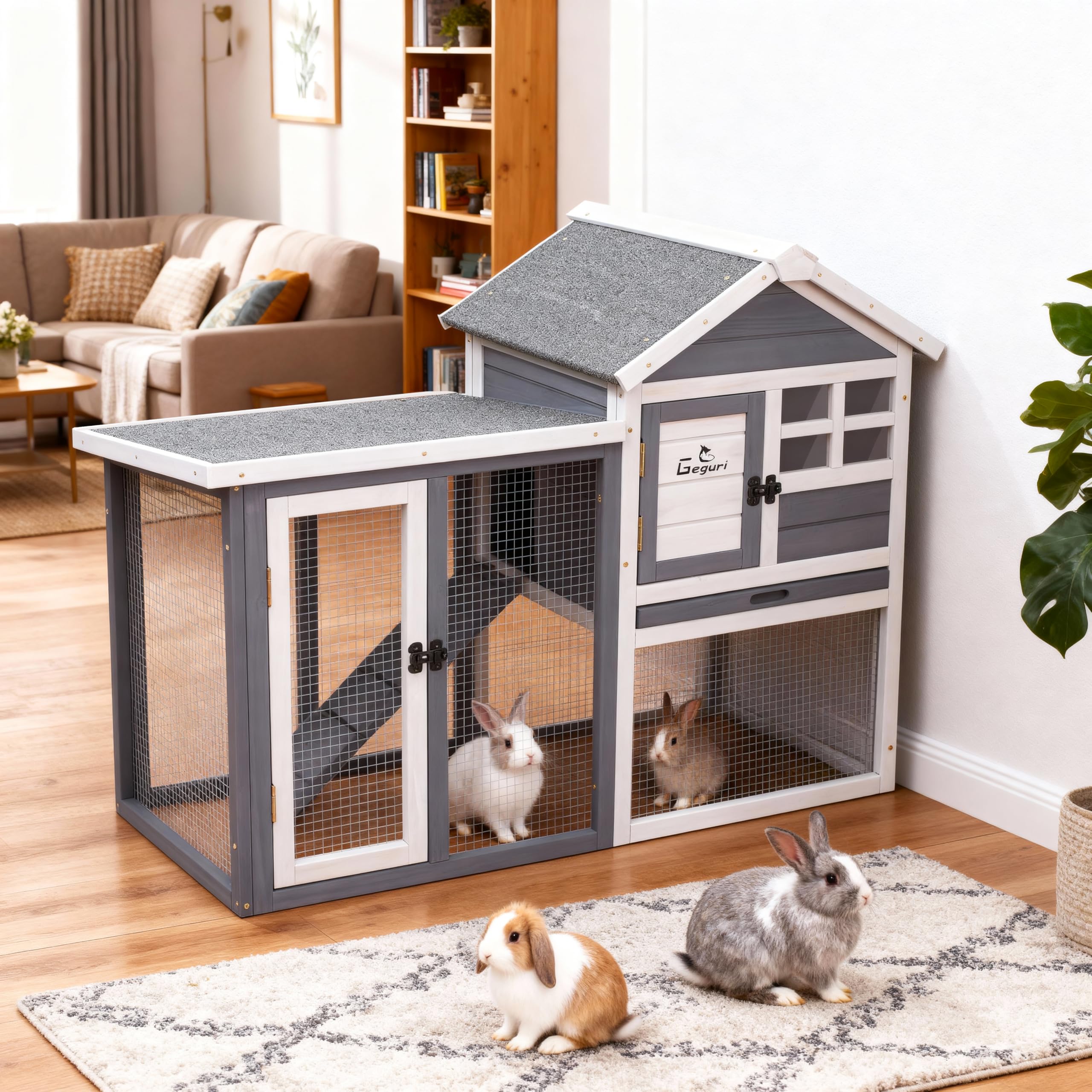 GEGURI Rabbit Hutch Indoor Rabbit Cage Outdoor, Chicken Coop Bunny Cage with Waterproof Roof, Pull Out Tray, Predator-Resistant Fencing