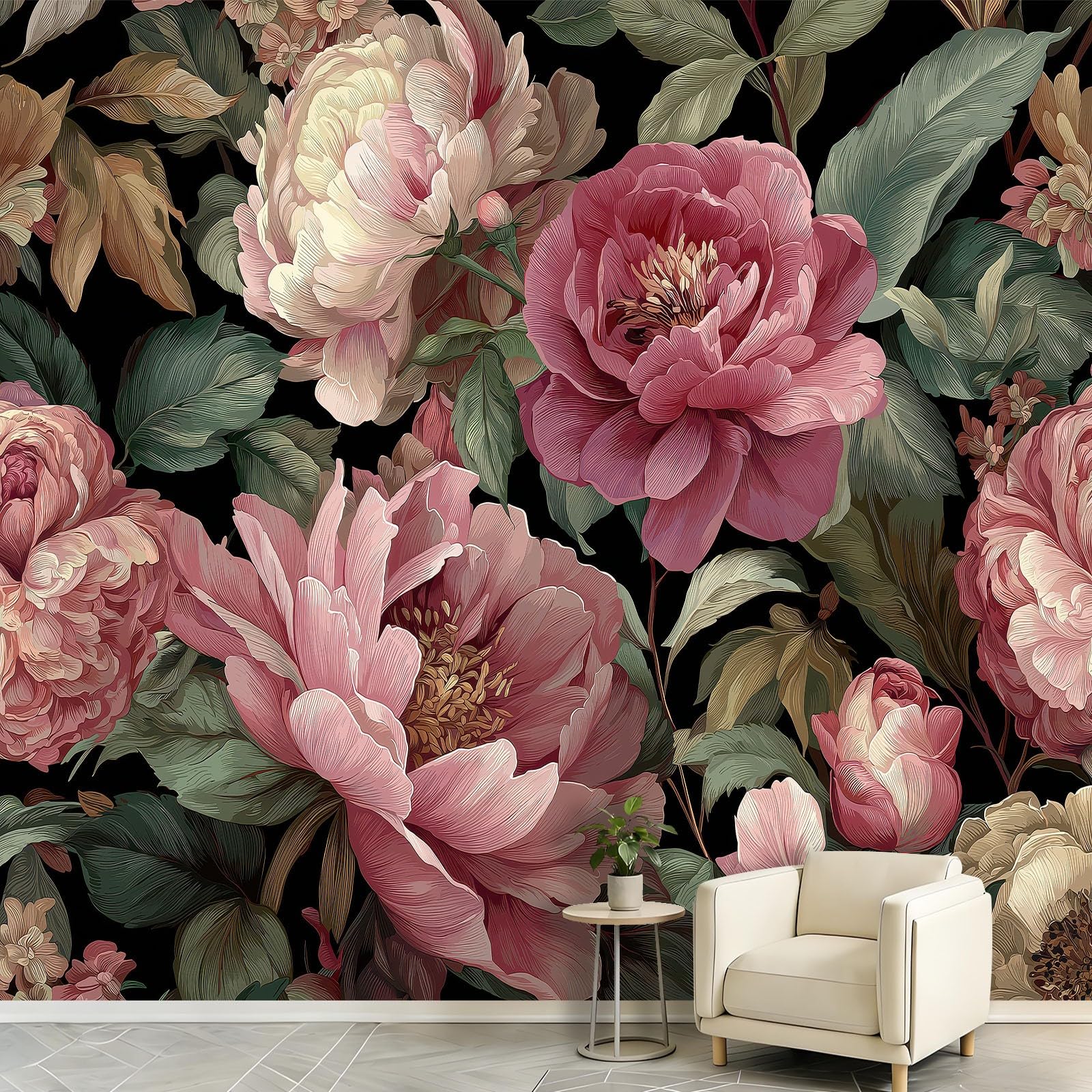 Panoramiczna tapeta w stylu vintage barokowe kwiaty 200 x 140 cm gigantyczny plakat fototapeta z włókniny - do salonu, sypialni lub pokoju dziecięcego - rośliny gałęzie liście różowe piwonie