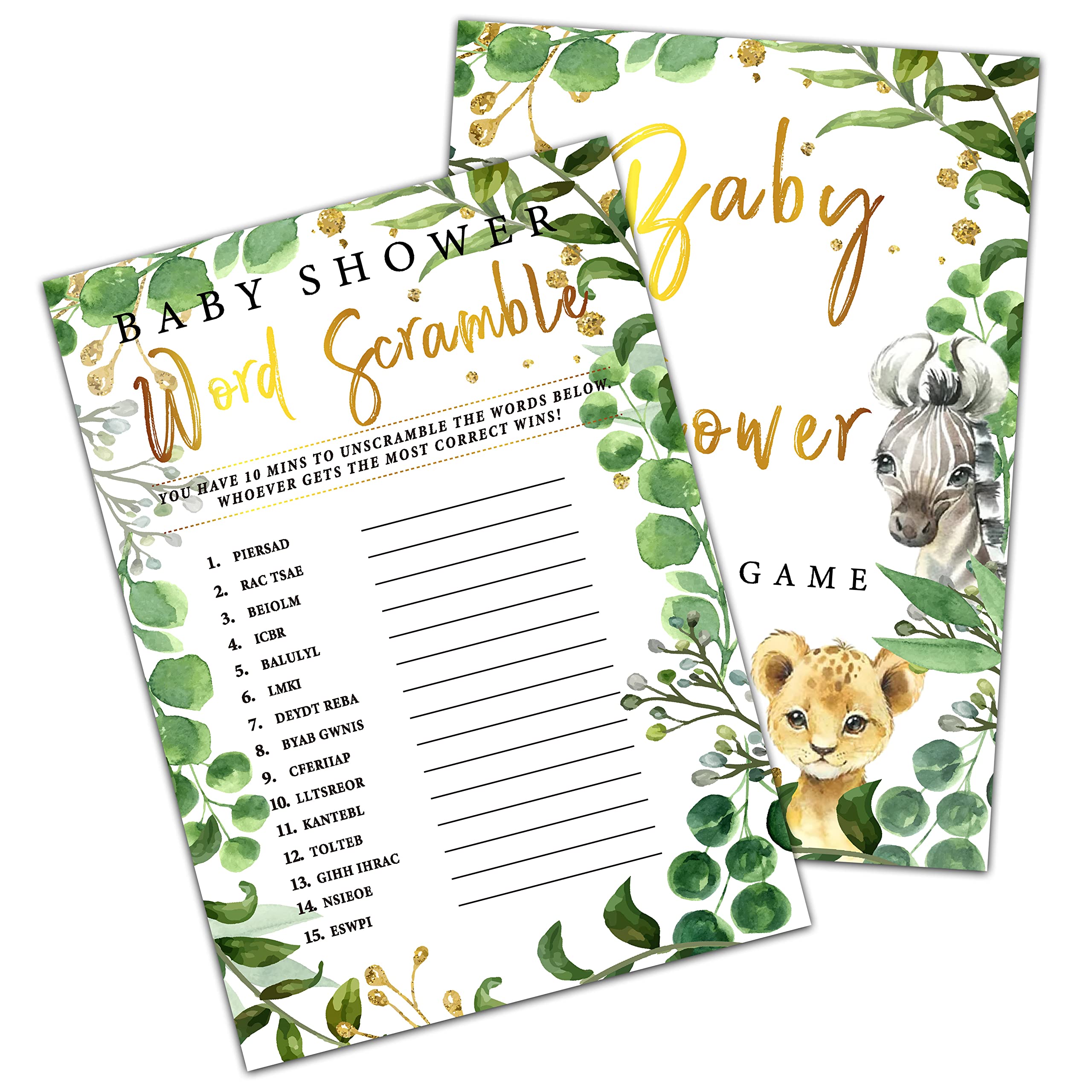 ONDTOM Woodland Baby Shower Games, Word Scramble Game(25-Pack) with 1 Answer Card, Safari Style Baby Gender Reveal Party Game, Jungle Theme Pregnant Celebration Decoration Supplies(5"x7")-game-G09
