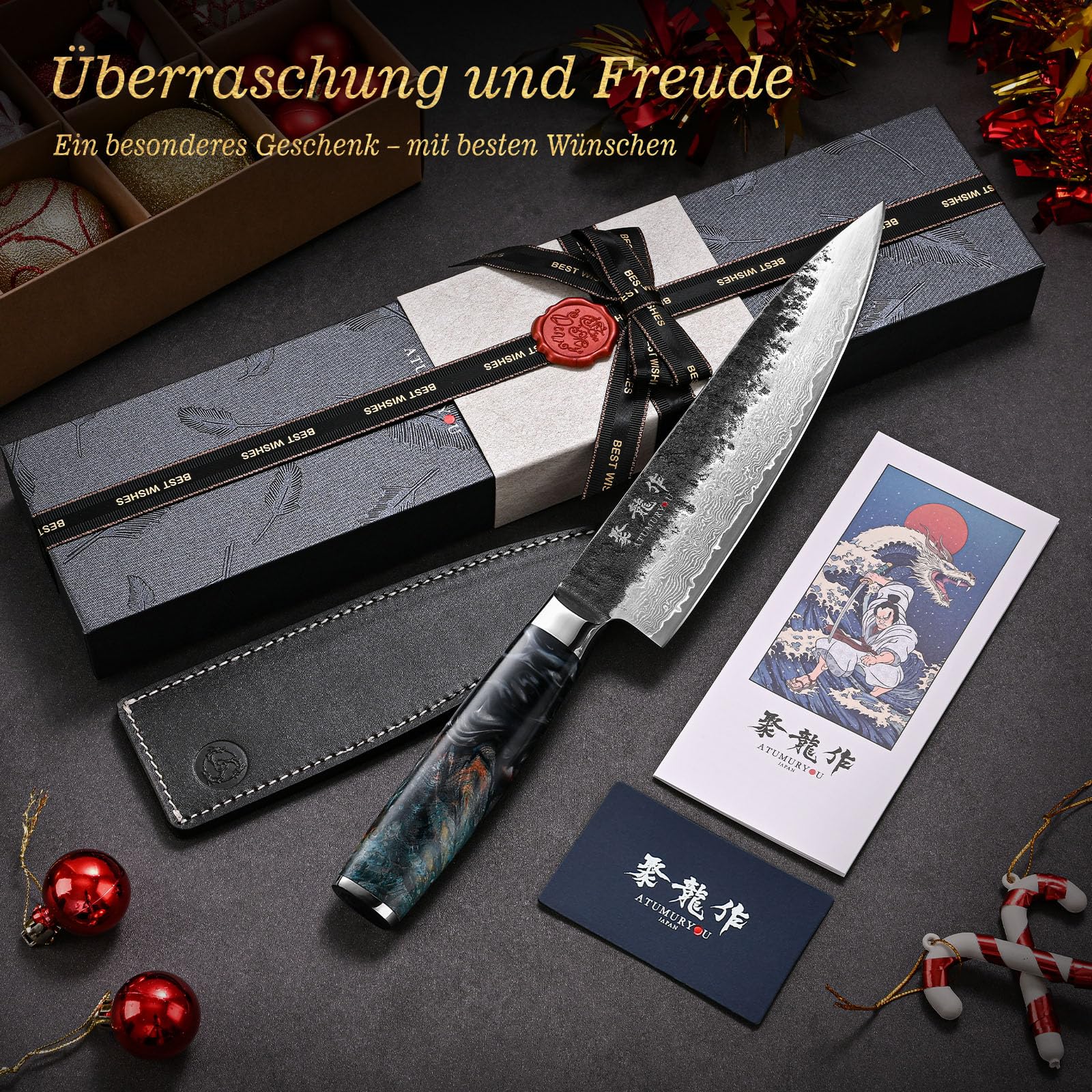Atumuryou Japanisches Messer, Damast Küchenmesser Kochmesser aus VG10-Stahl, Handgeschmiedetes Damastmesser aus 67 Schichten Damaststahl, 20CM Profi Scharf Japanisches Küchenmesser & Harzgriff