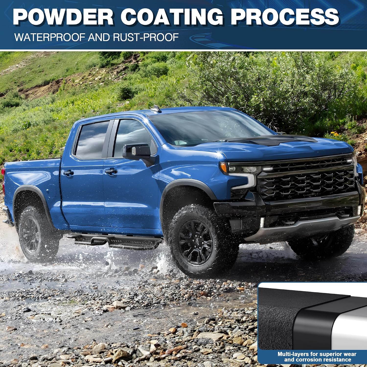 Running Boards for 2019-2025 Chevy Silverado & GMC Sierra 1500/2500/3500HD Crew Cab, 2-Step Side Steps Nerf Bars, Black Powder-Coated Steel (4 Door)