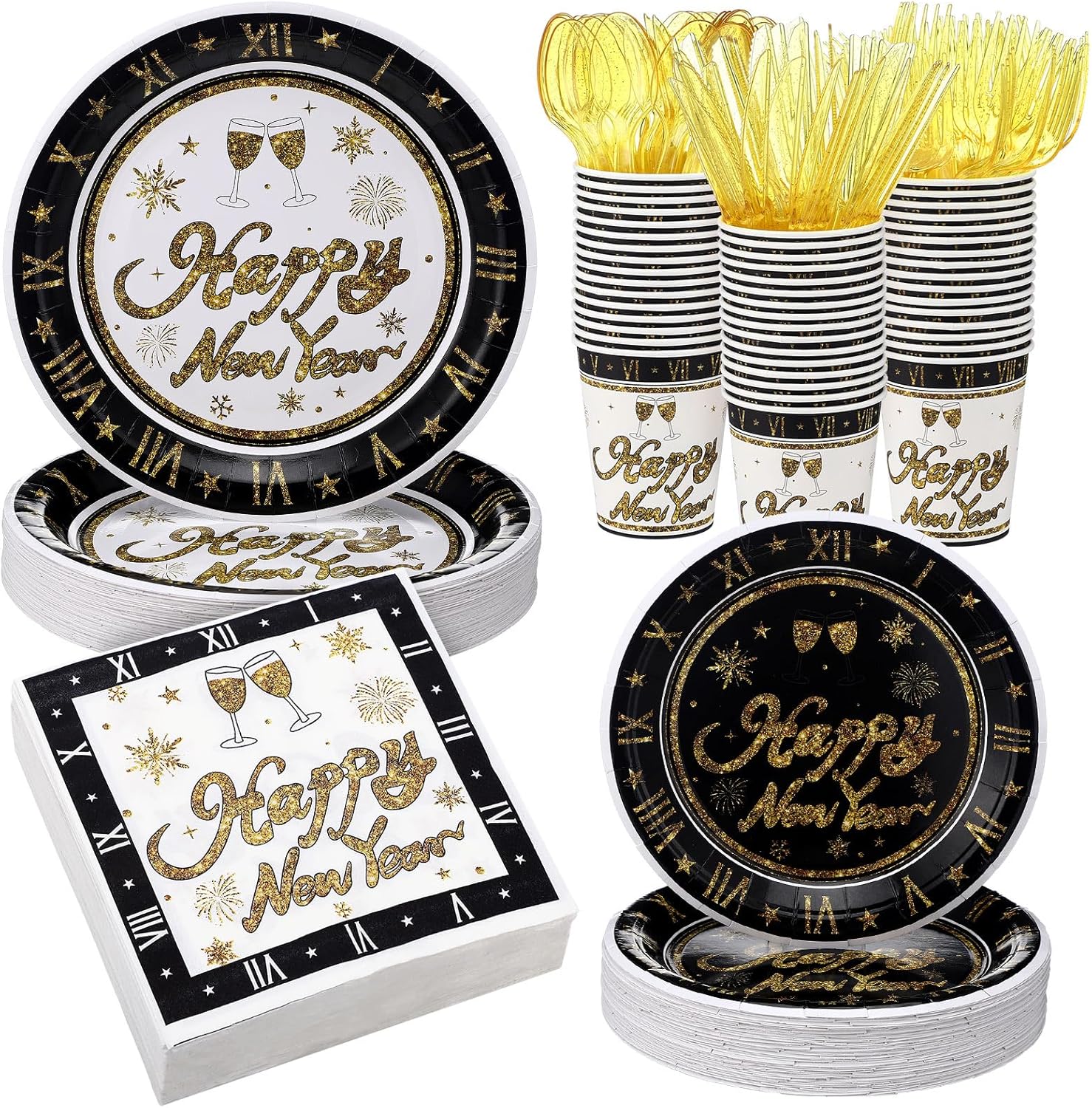 Mimorou 400 Pcs Happy New Year Disposable Tableware Set Black Gold Clock Paper Plates Napkins Cups Plastic Spoons Forks Knives New Year Eve Party Dinnerware Set for Christmas Lunar Years Party