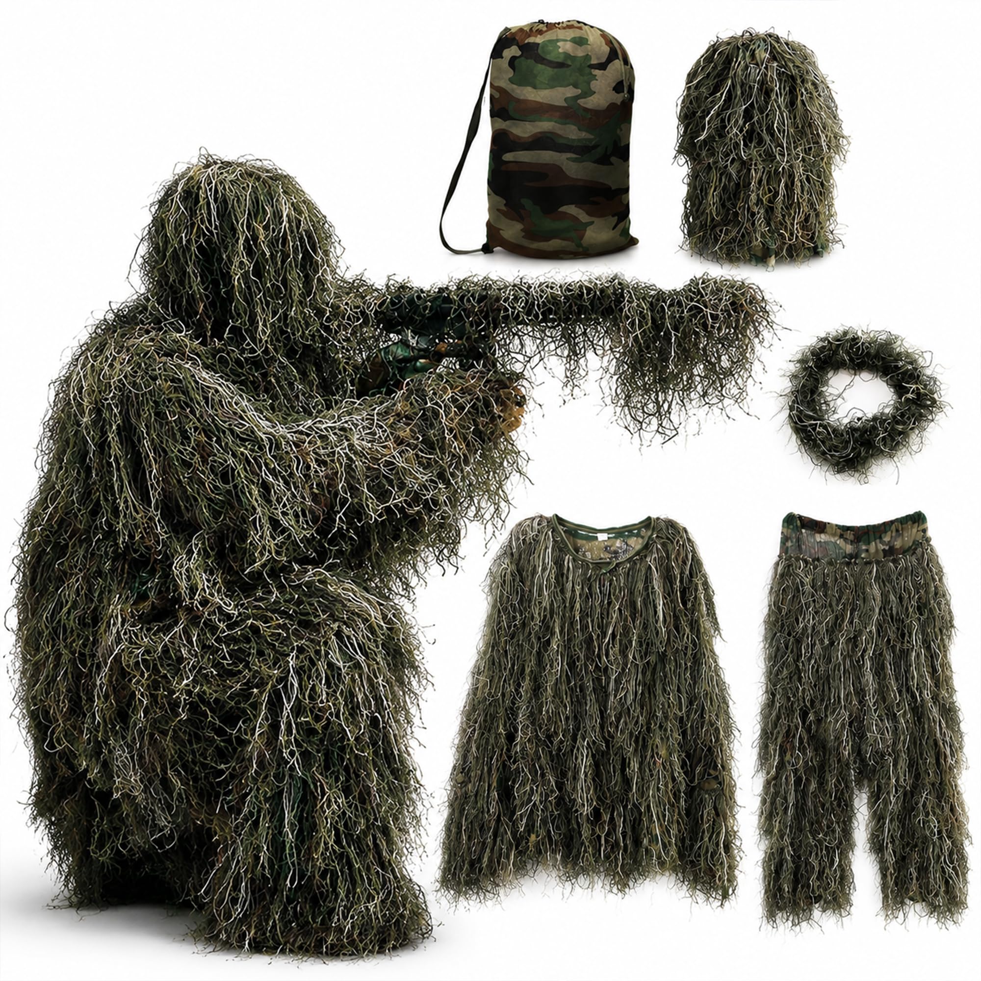 MOPHOTO Ghillie Suit 3D Leafy Camo Camo Tuta da caccia, Woodland Gilly Suits Gillies Abiti da uomo, Foglie Camouflage Caccia