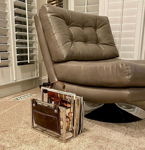 DUSTO Stainless Steel Leather File Holder (DH8027) | Magazine Holder | Vintage Leather File holder | File Organizer for Office Suitable for File,Folders, Books.