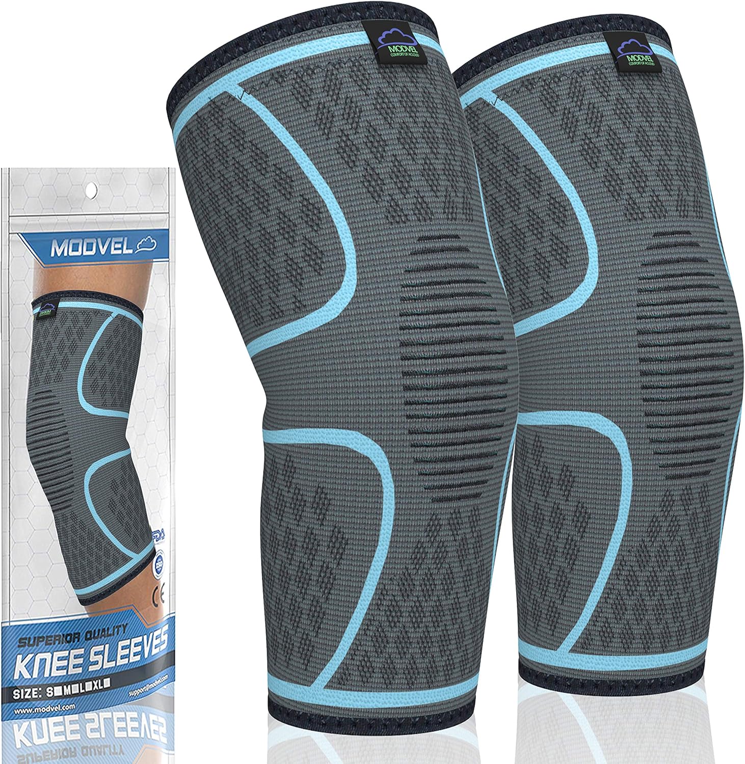 MODVEL 2 Pack Knee Brace | Knee Compression Sleeve for Men & Women | Knee Support for Running | Medical Grade Knee Pads for Meniscus Tear, ACL, Arthritis, Joint Pain Relief. : Health & Household
