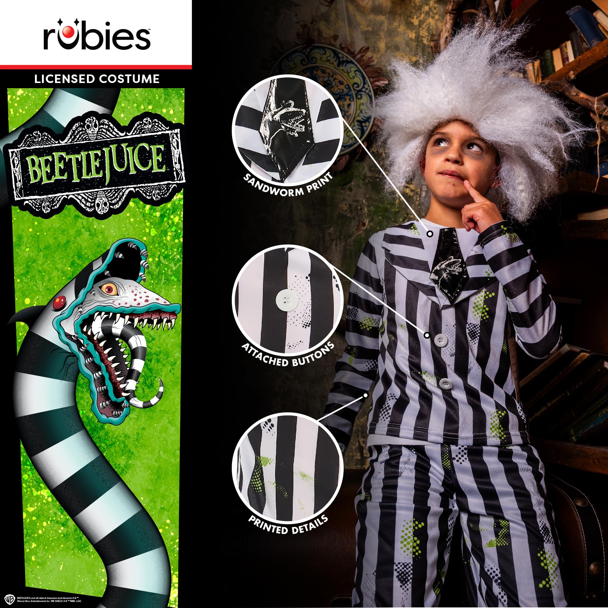 Rubies 1000709S000 Kids Beetlejuice Costume and Wig Fancy Dress, Multicoloured, 7-8 Halloween, Sizes 7-8 - Image 4