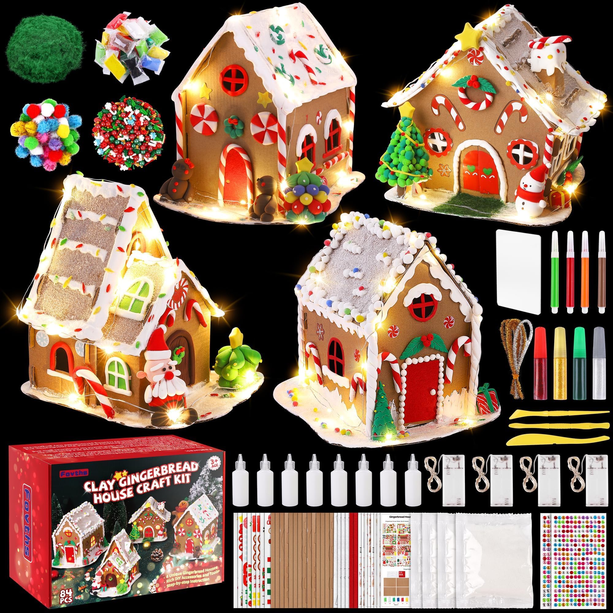 4 Sets Clay Christmas Gingerbread House Kit with Lights Craft Cardboard Gingerbread House DIY Christmas Decorations Holiday Activity Arts and Crafts for Christmas Party Supplies Decoration