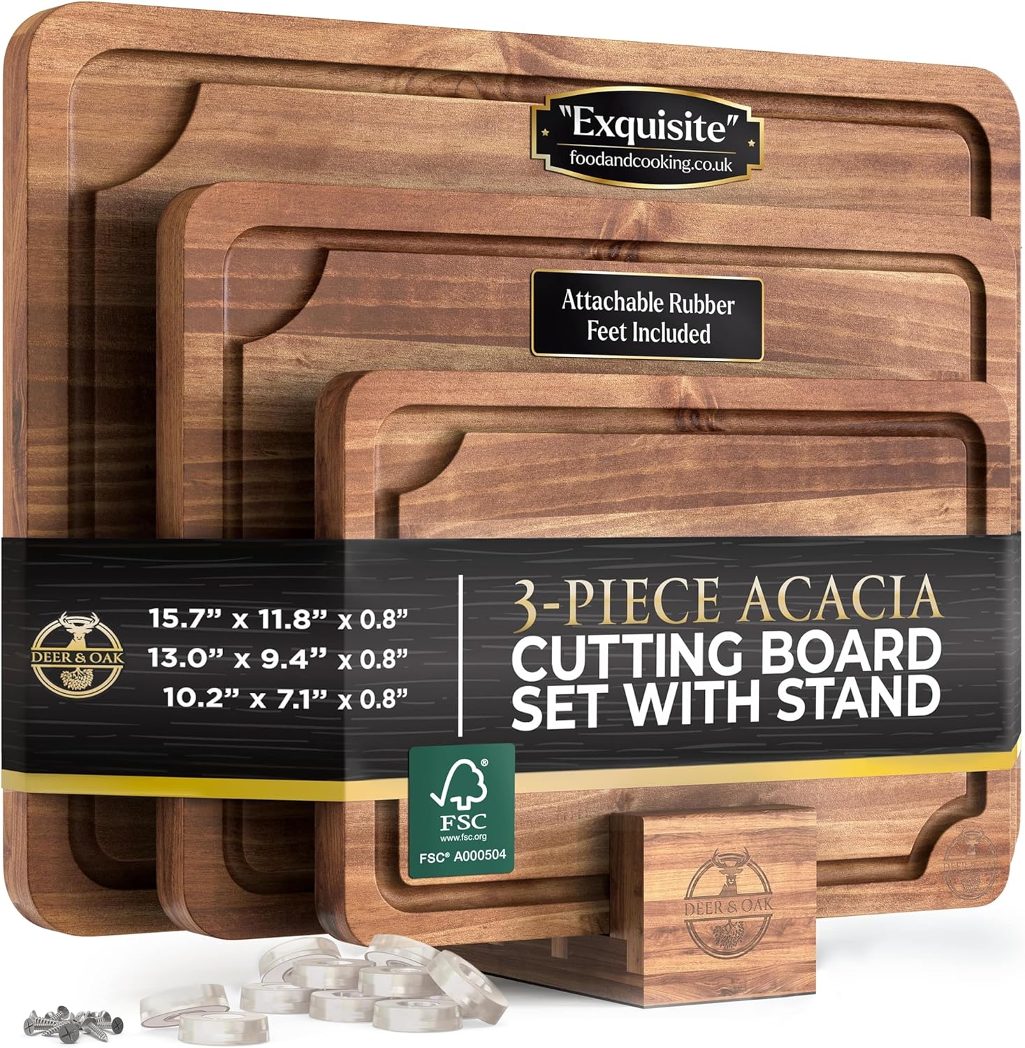 Pre-Oiled, Non Toxic 3-Piece Acacia Cutting Board Set with Stand, FSC Certified Wooden Chopping Boards with Juice Grooves for Meat. 3 Size Wood Carving Boards for Home & BBQ Kitchens by Deer & Oak Pre-Oiled, Non Toxic 3-Piece Acacia Cutting Board Set with Stand, FSC Certified Wooden Chopping Boards with Juice Grooves for Meat. 3 Size Wood Carving Boards for Home & BBQ Kitchens by Deer & Oak