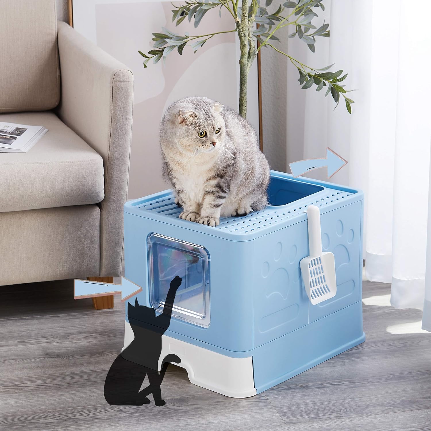 Suhaco Foldable Cat Litter Tray, Large Cat Litter Box with Lid, Top