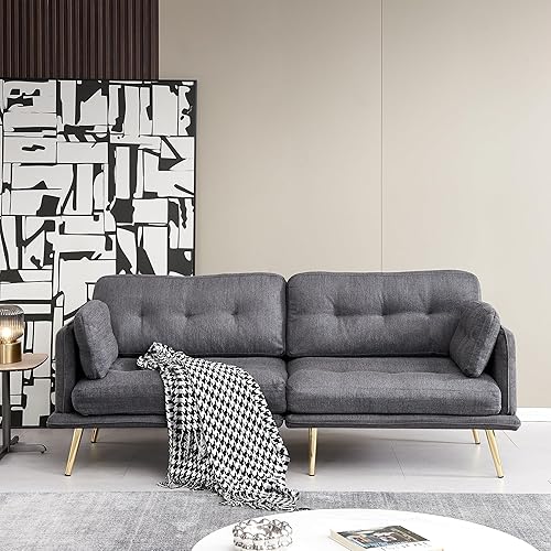 Miniatura 8 de Anwick Sofá biplaza moderno de tela de lino tapizado de 3 plazas con patas de metal y almohada para sala de estar, dormitorio, apartamento,
