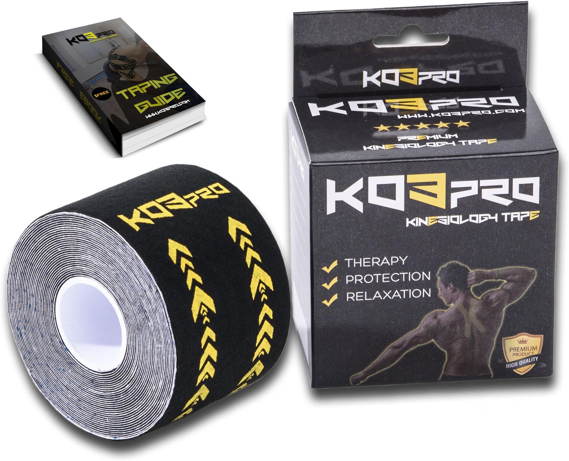 KO3pro kinesiology tape bulk (2-inch x 16.4 ft) | Kinesiology tape knee, shoulder, back, neck, ankle, elbow...| Free E-book kinesio tape | Effect immediately after application